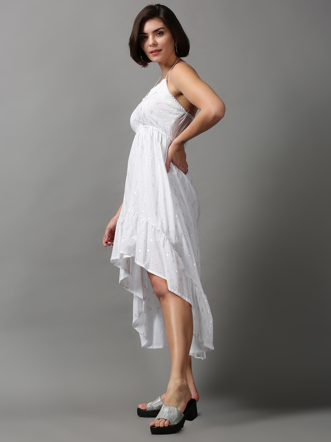 Showoff | SHOWOFF Women White Self Design Halter Neck Sleeveless Midi Fit and Flare Dress 2