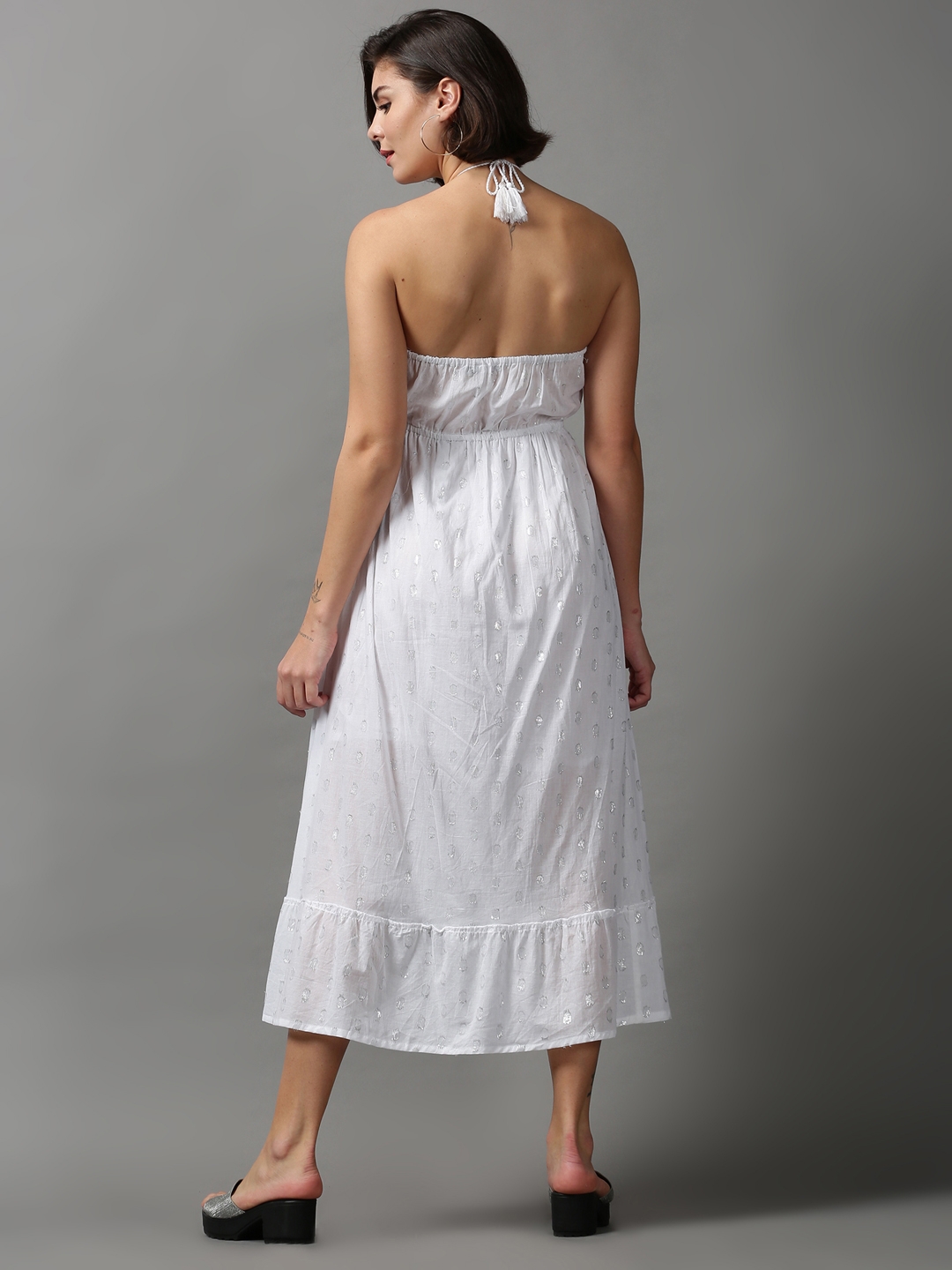 Showoff | SHOWOFF Women White Self Design Halter Neck Sleeveless Midi Fit and Flare Dress 3