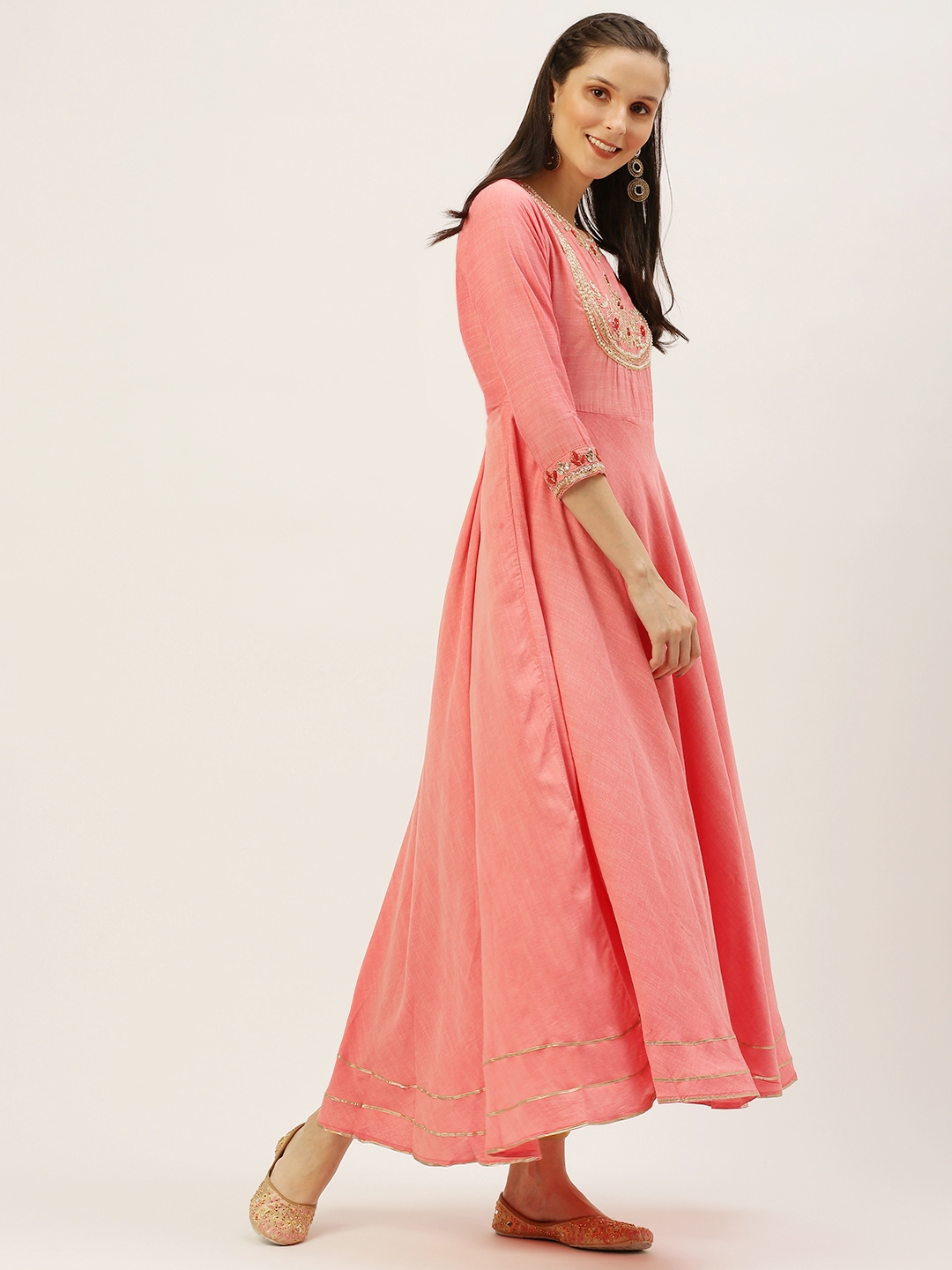 Showoff | SHOWOFF Women Peach Solid Round Neck Three-Quarter Sleeves Ankle Length A-Line Kurta 2
