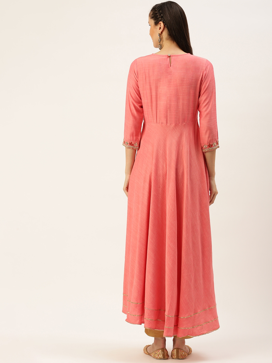 Showoff | SHOWOFF Women Peach Solid Round Neck Three-Quarter Sleeves Ankle Length A-Line Kurta 3