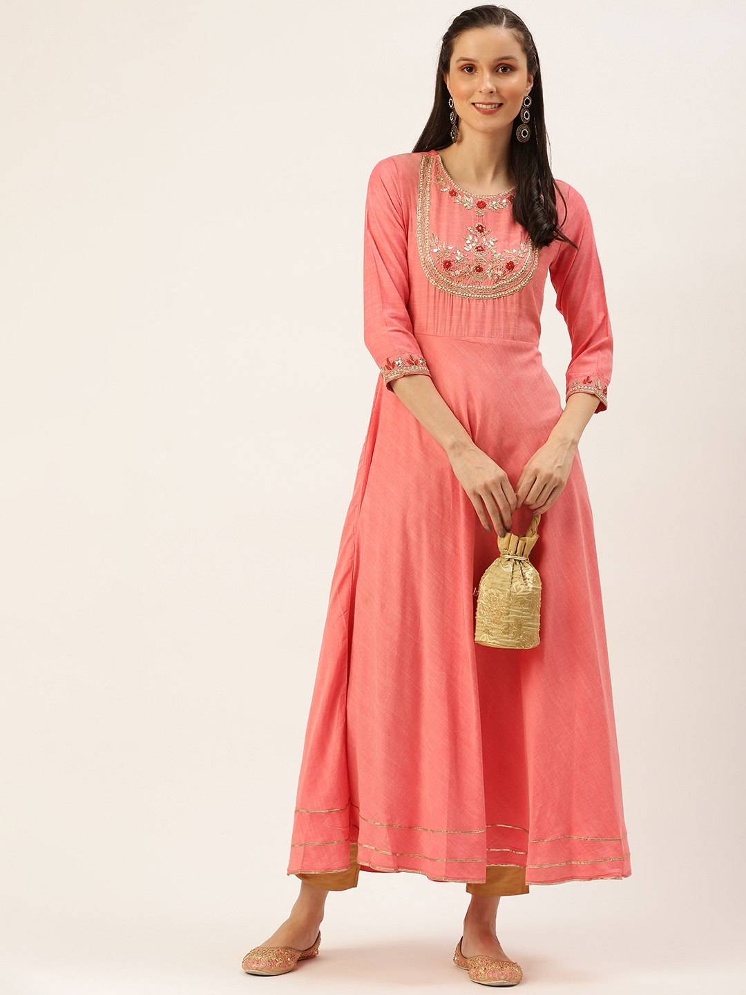 Showoff | SHOWOFF Women Peach Solid Round Neck Three-Quarter Sleeves Ankle Length A-Line Kurta 4