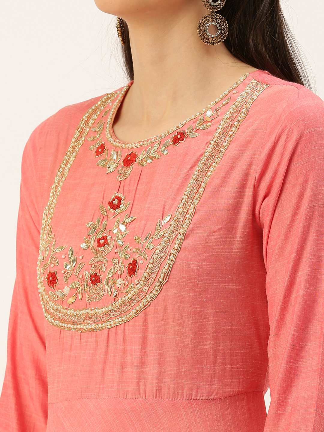 Showoff | SHOWOFF Women Peach Solid Round Neck Three-Quarter Sleeves Ankle Length A-Line Kurta 5