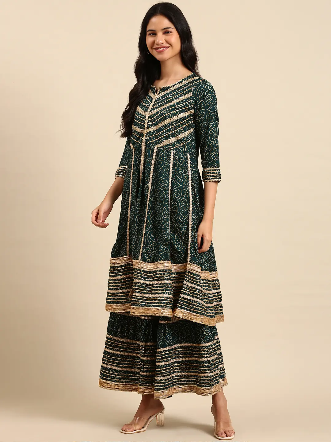 Showoff | SHOWOFF Women Green Printed Scoop Neck Three-Quarter Sleeves Knee length Anarkali Kurta Set 3