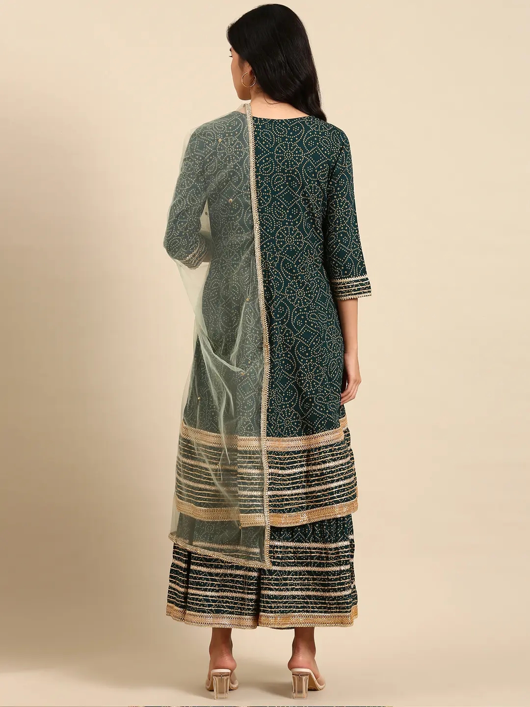 Showoff | SHOWOFF Women Green Printed Scoop Neck Three-Quarter Sleeves Knee length Anarkali Kurta Set 4