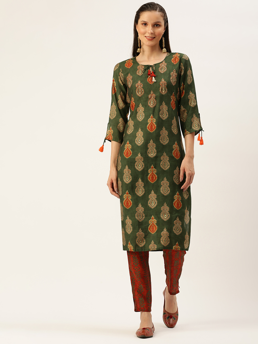 SHOWOFF Women's Straight Green Ethnic Motifs Tie-Up Neck Kurta set