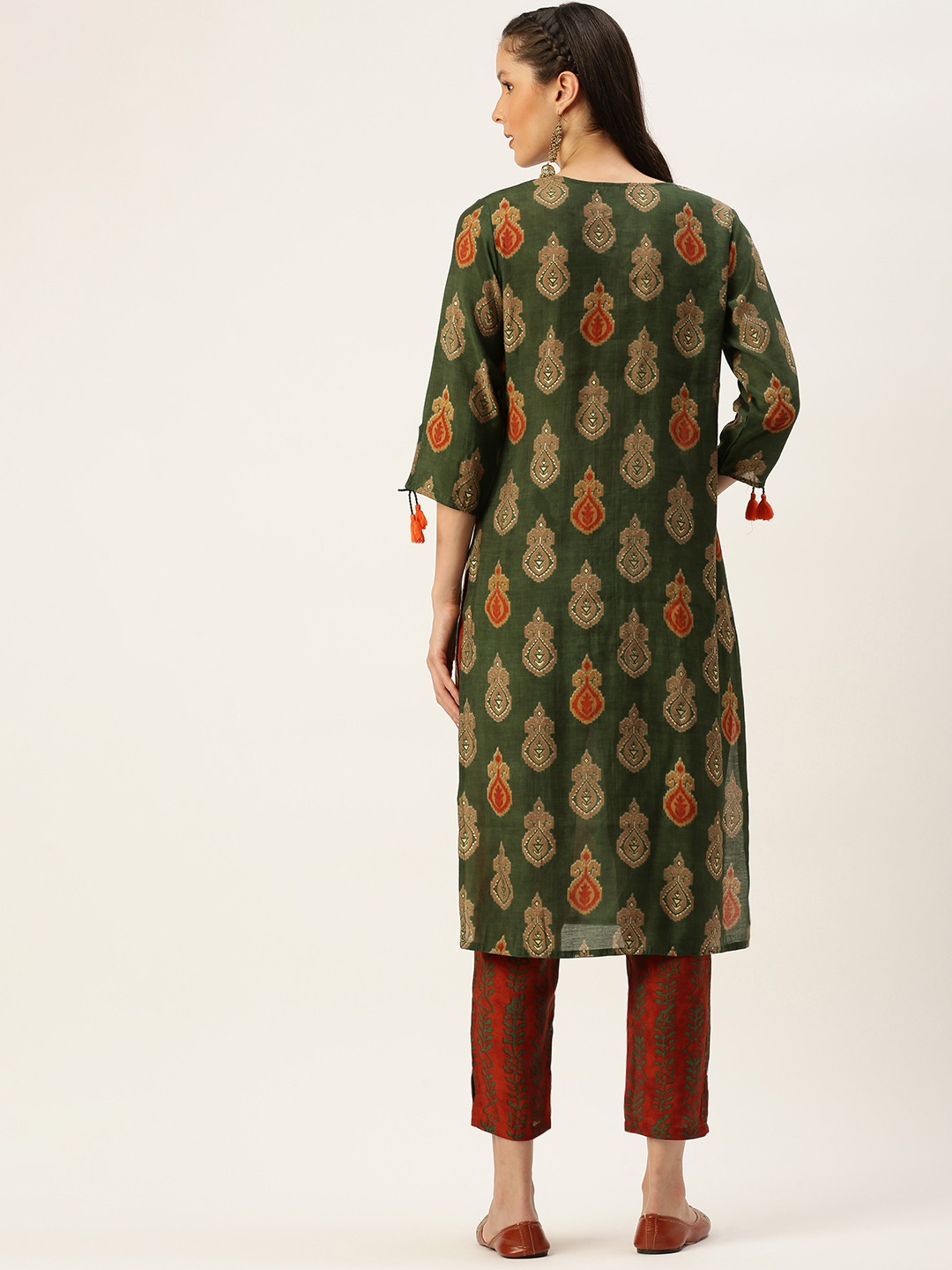 SHOWOFF Women's Straight Green Ethnic Motifs Tie-Up Neck Kurta set