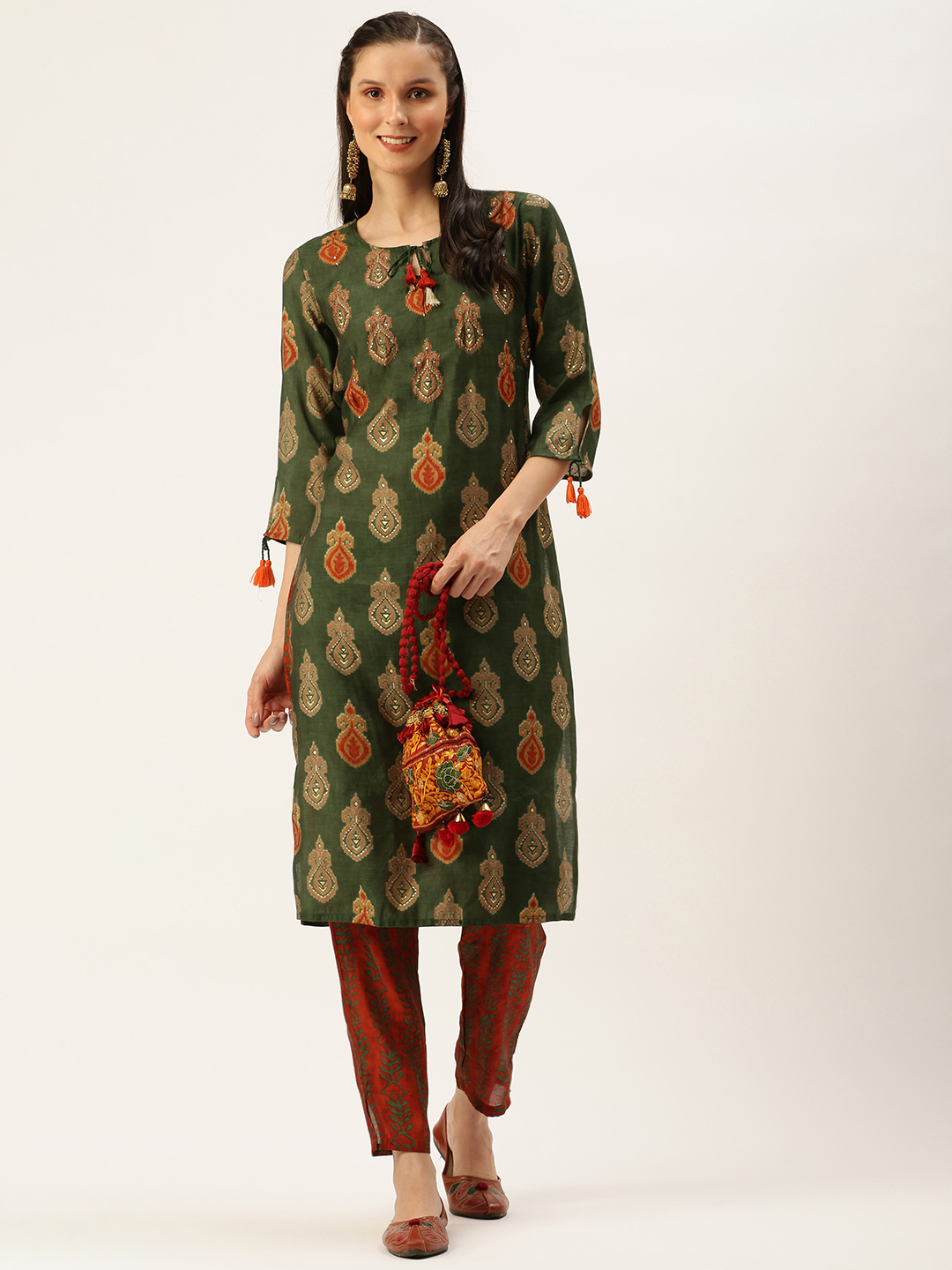 SHOWOFF Women's Straight Green Ethnic Motifs Tie-Up Neck Kurta set