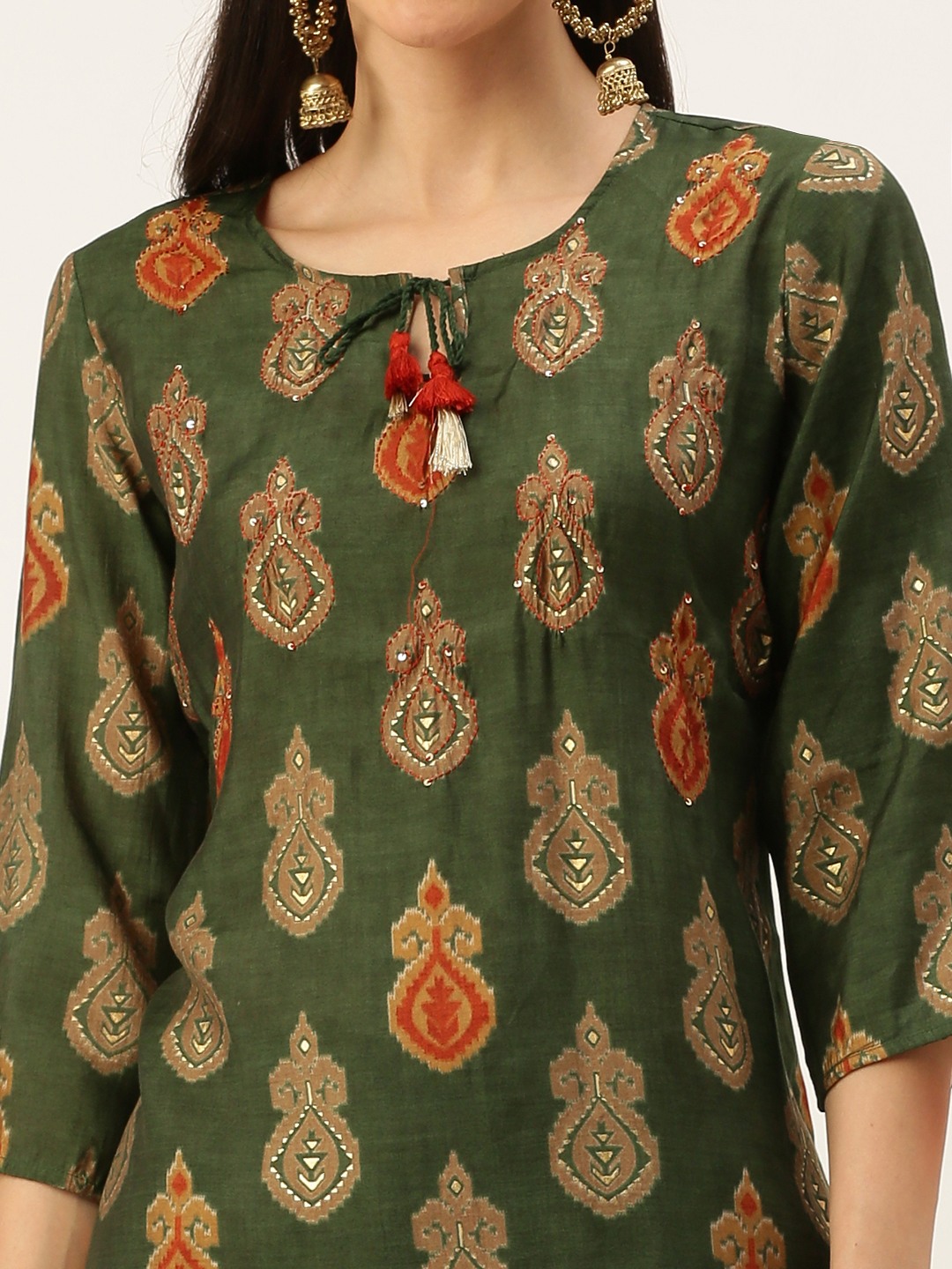 SHOWOFF Women's Straight Green Ethnic Motifs Tie-Up Neck Kurta set