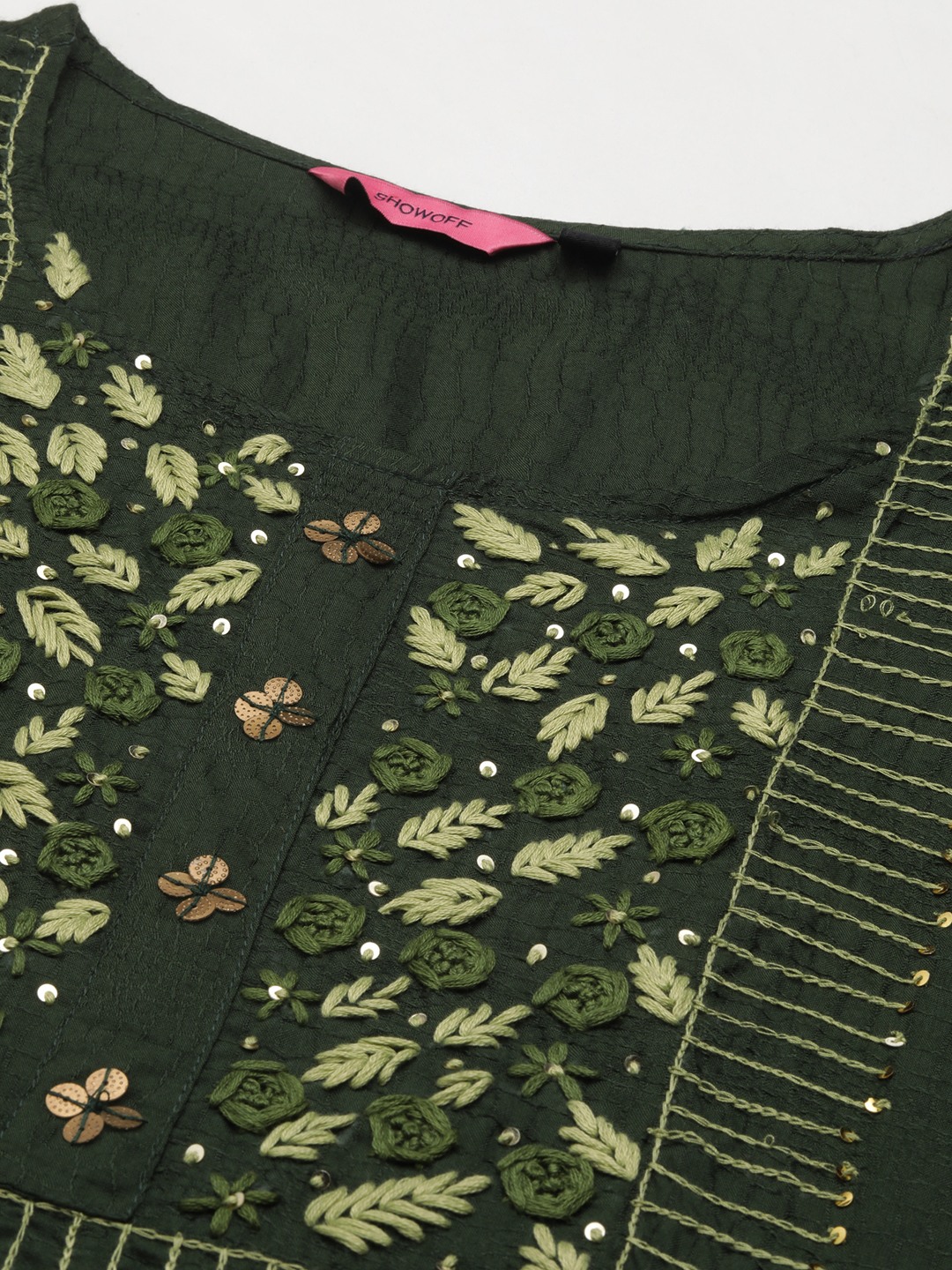 SHOWOFF Women Green Woven Design Round Neck Three-Quarter Sleeves Mid Length Straight Kurta Set