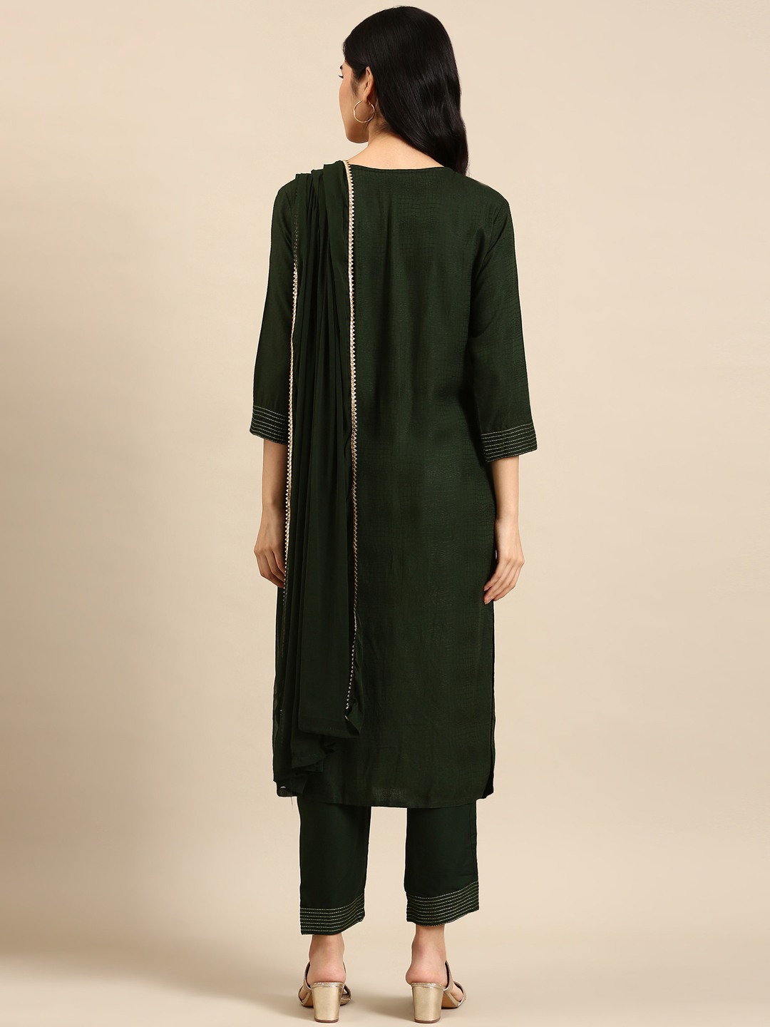 SHOWOFF Women Green Woven Design Round Neck Three-Quarter Sleeves Mid Length Straight Kurta Set
