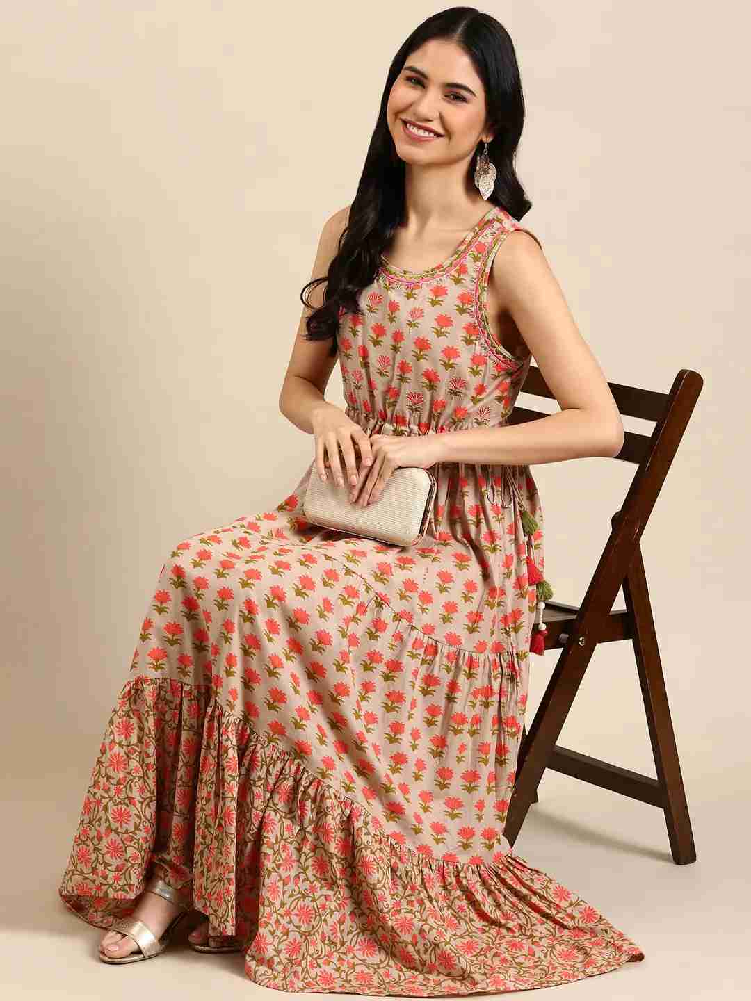 Showoff | SHOWOFF Women Beige Floral Round Neck Sleeveless Ankle Length Anarkali Kurta 4