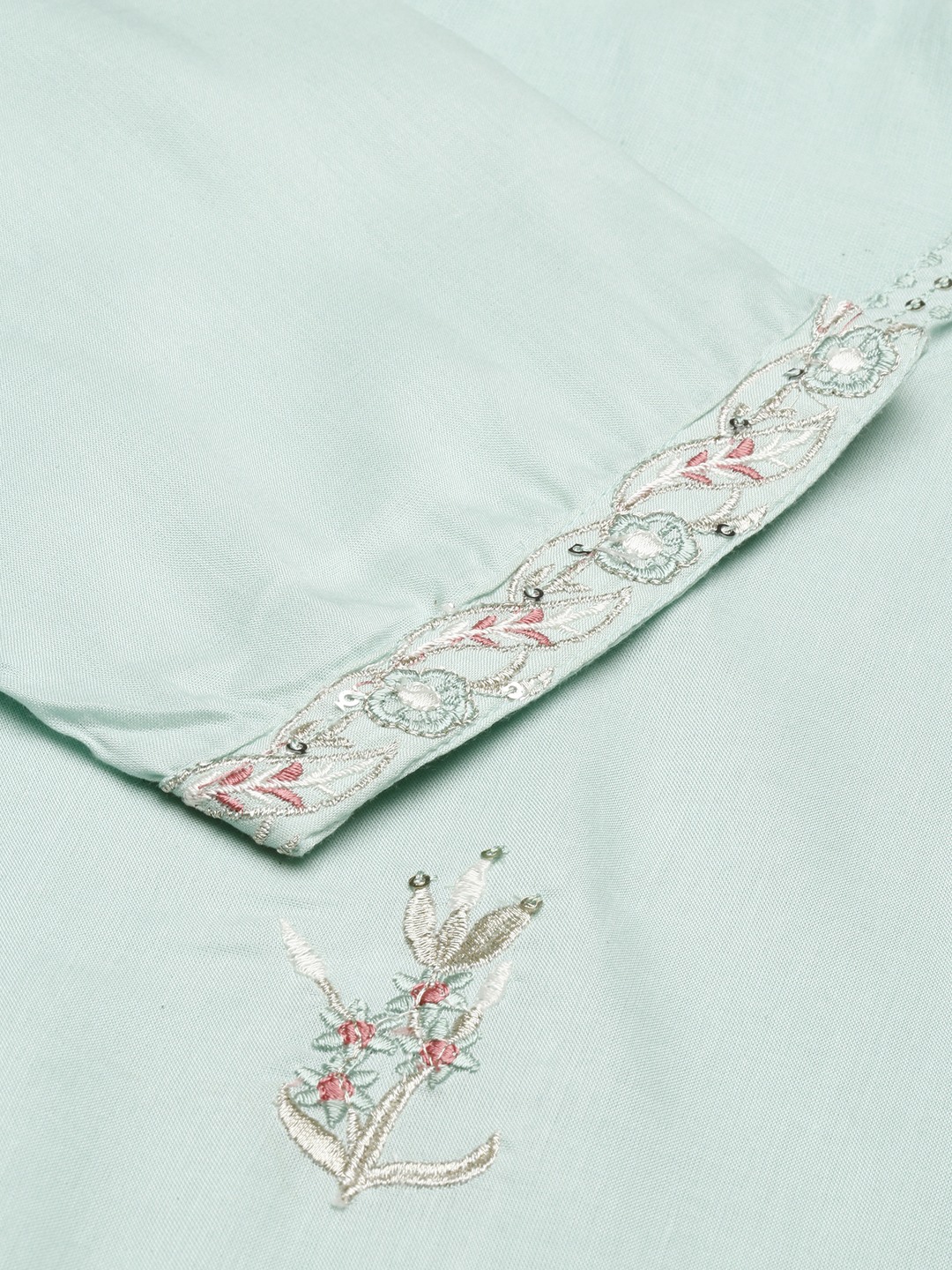 SHOWOFF Women Sea Green Embroidered Round Neck Three-Quarter Sleeves Mid Length Straight Kurta Set