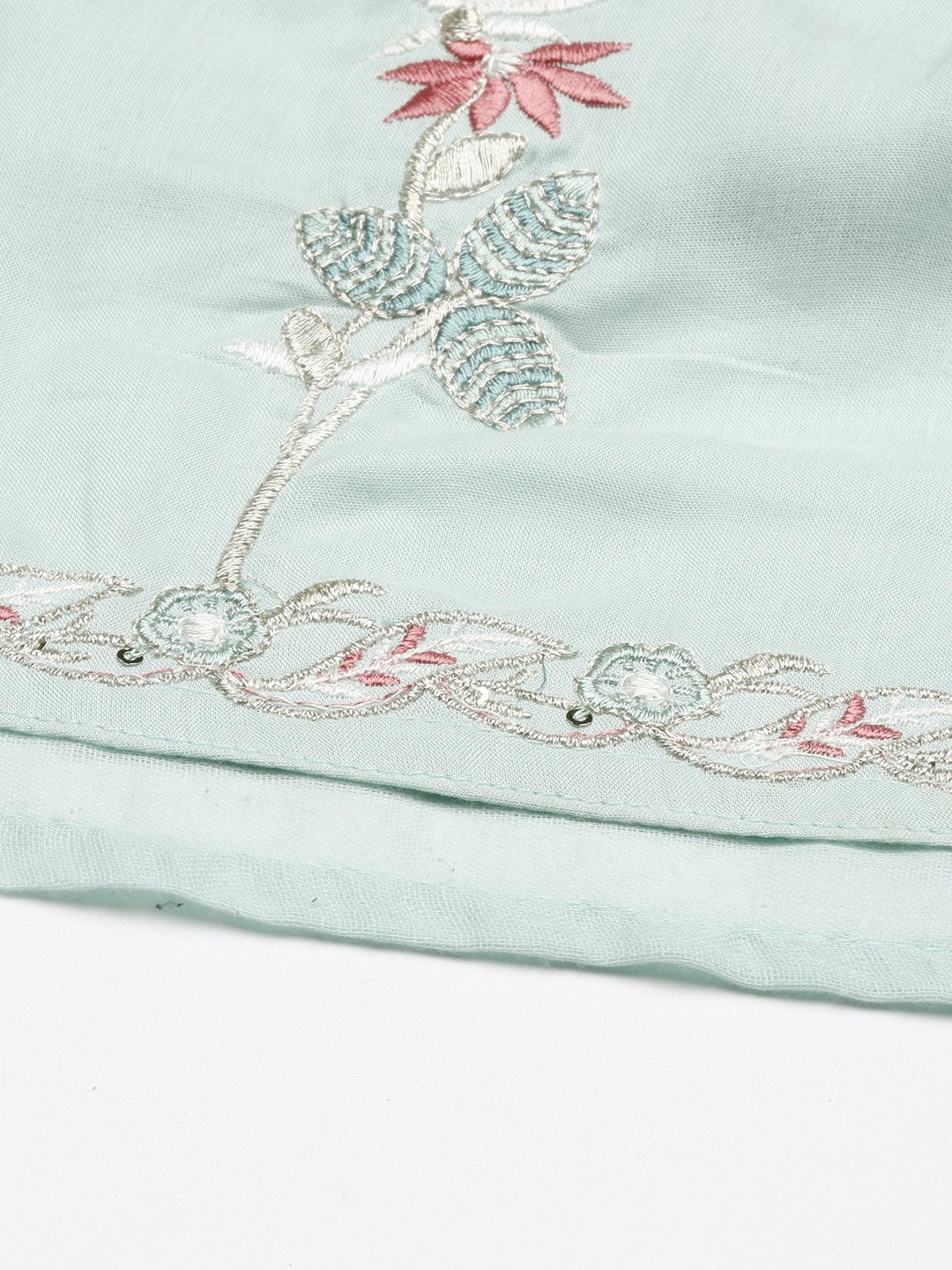 SHOWOFF Women Sea Green Embroidered Round Neck Three-Quarter Sleeves Mid Length Straight Kurta Set