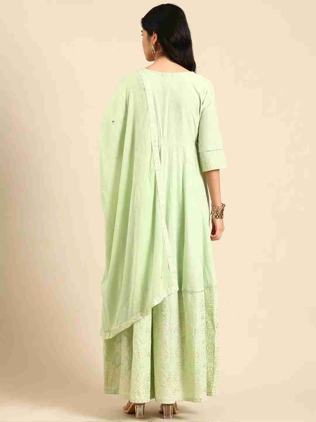 SHOWOFF Women Green Ethnic Motifs  Round Neck Three-Quarter Sleeves Ankle Length Anarkali Kurta