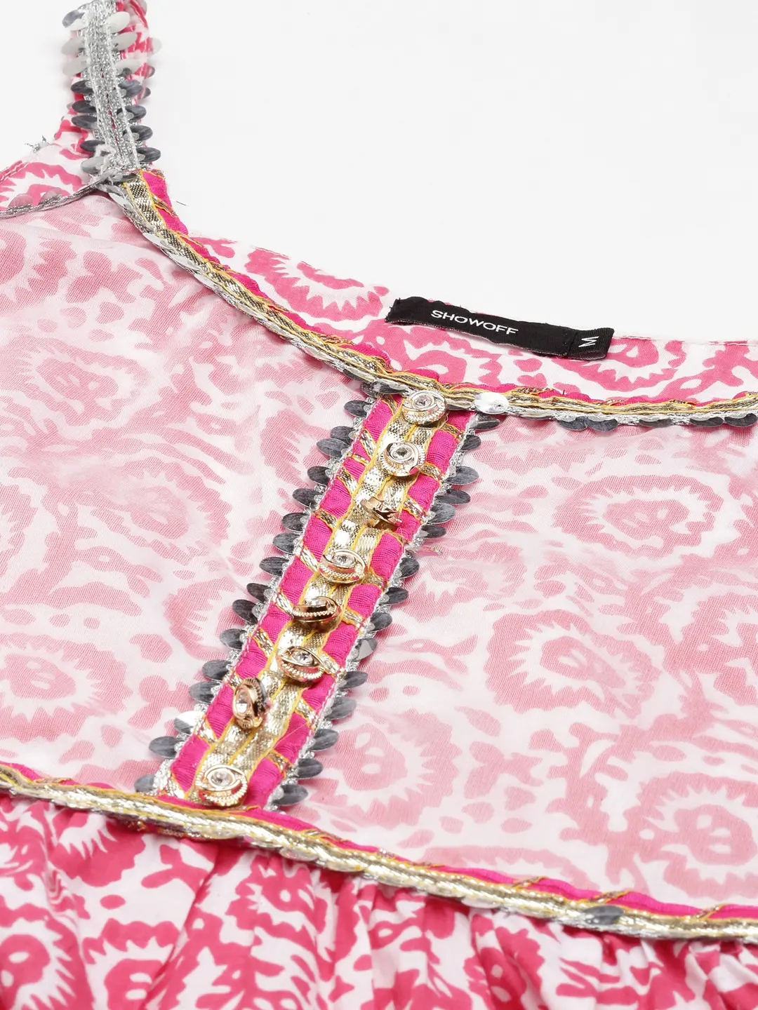 Showoff | SHOWOFF Women Pink Printed Shoulder Straps Sleeveless Maxi Length Anarkali Kurta Set 1