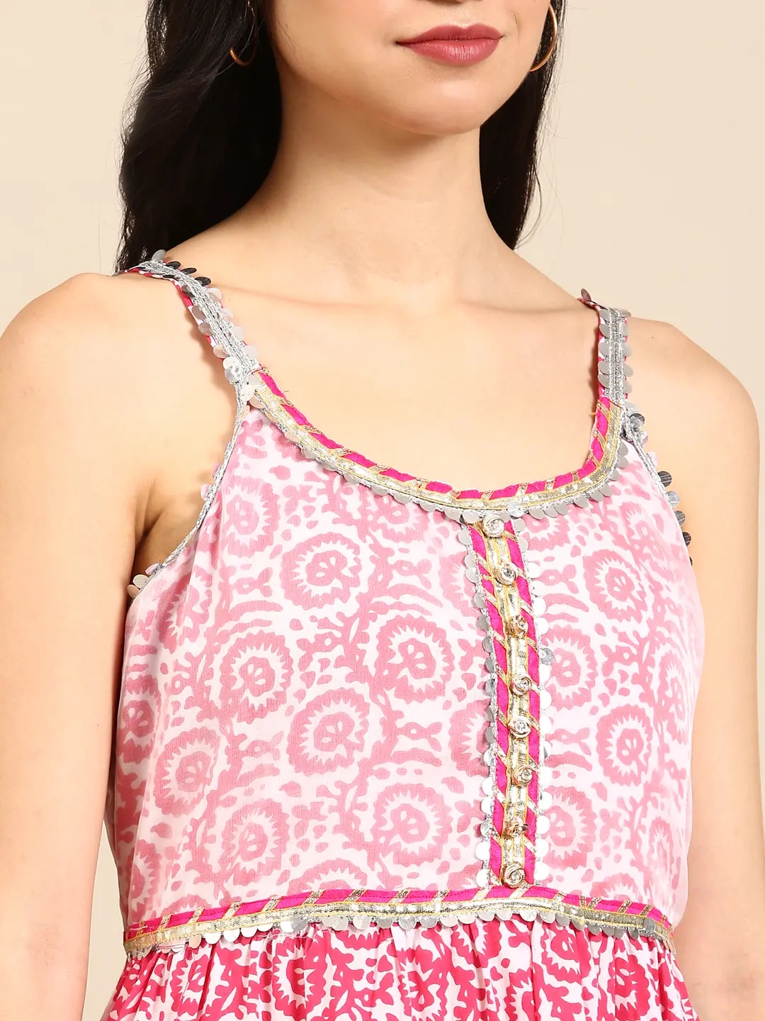 Showoff | SHOWOFF Women Pink Printed Shoulder Straps Sleeveless Maxi Length Anarkali Kurta Set 5