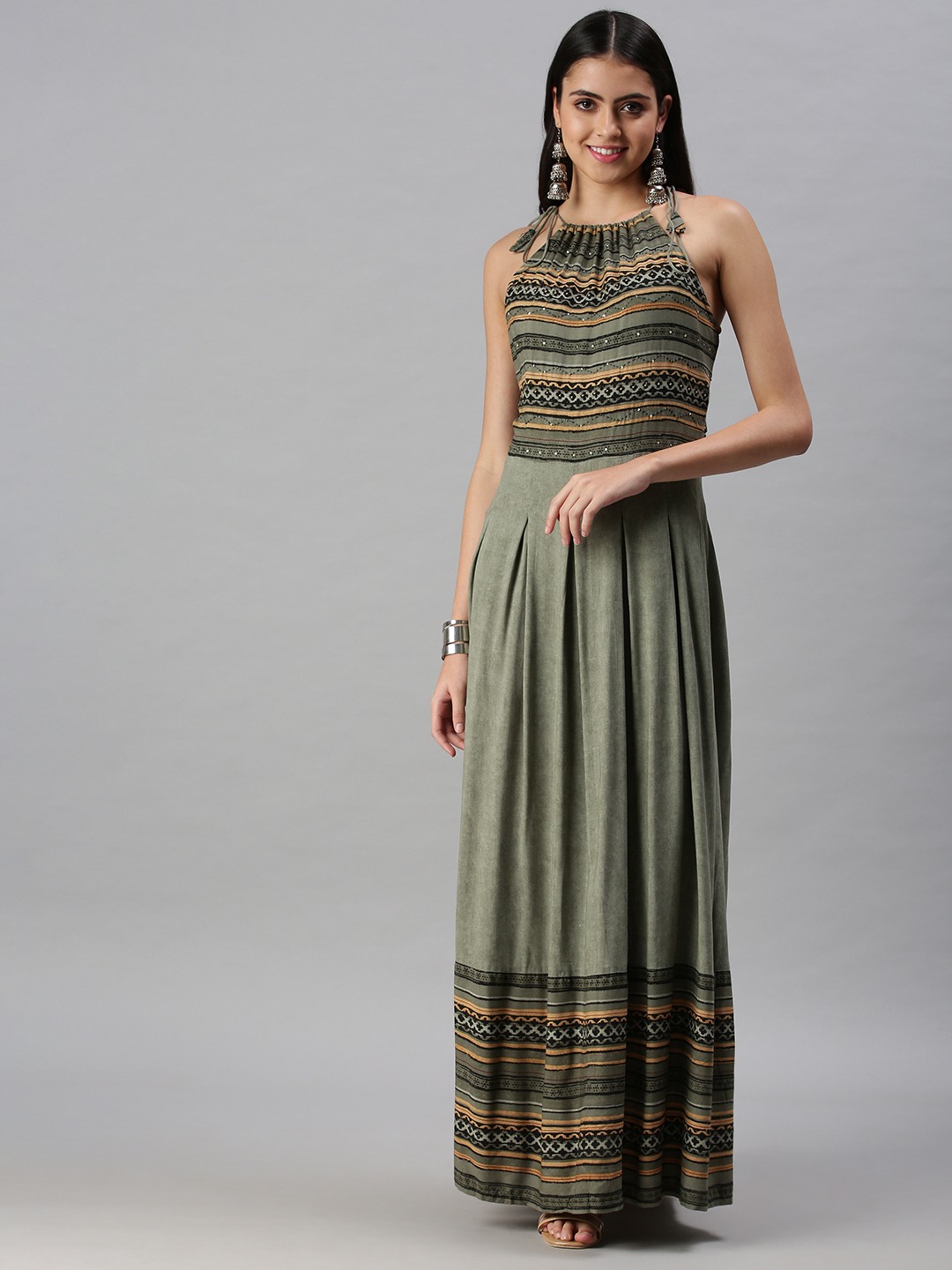 SHOWOFF Women's Anarkali Halter Neck Olive Kurta
