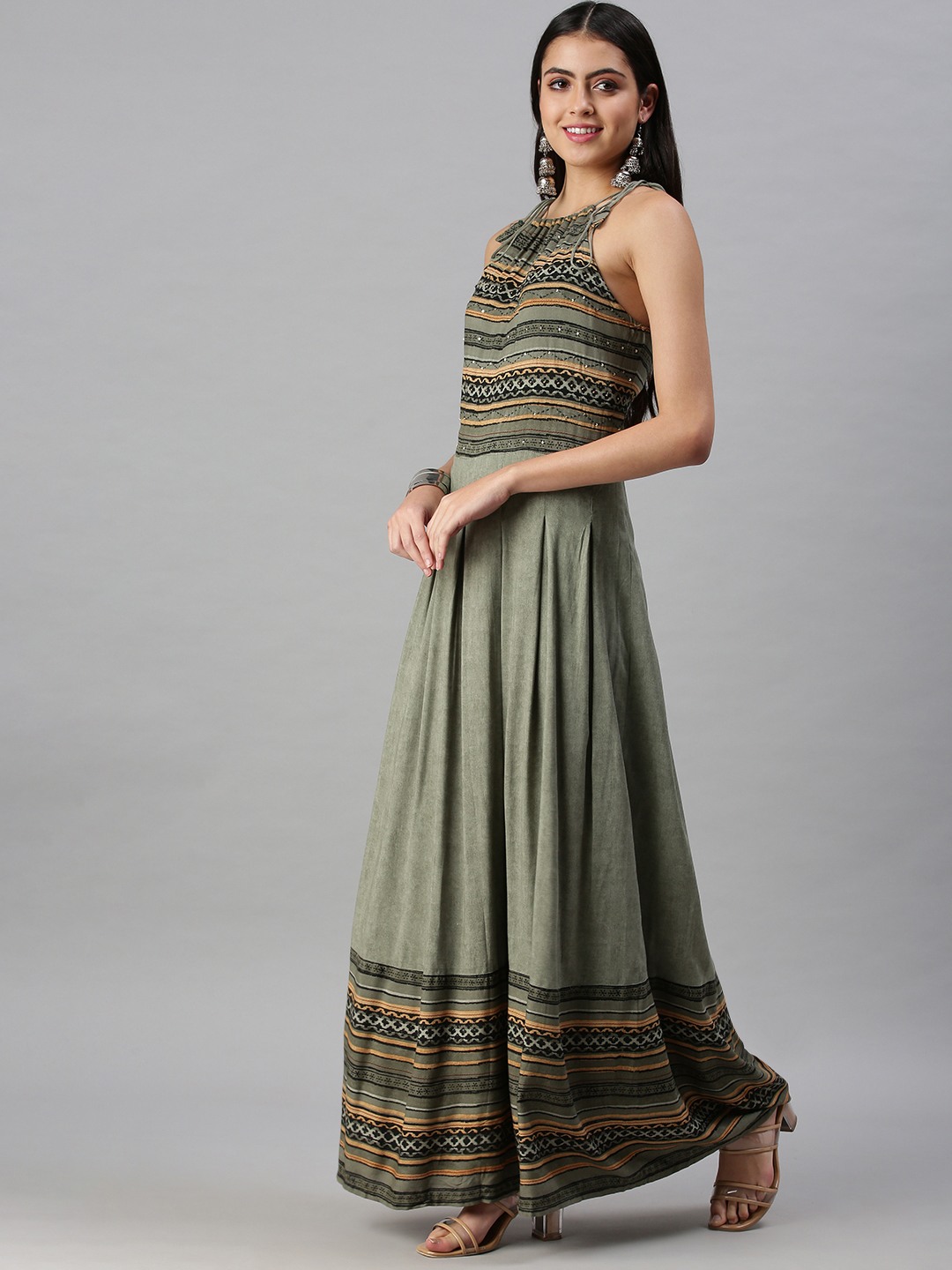 SHOWOFF Women's Anarkali Halter Neck Olive Kurta