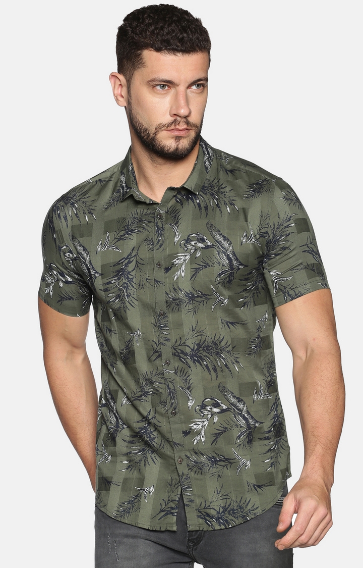 Showoff | Showoff Men's Casual Green Floral Slim Fit Shirt 0