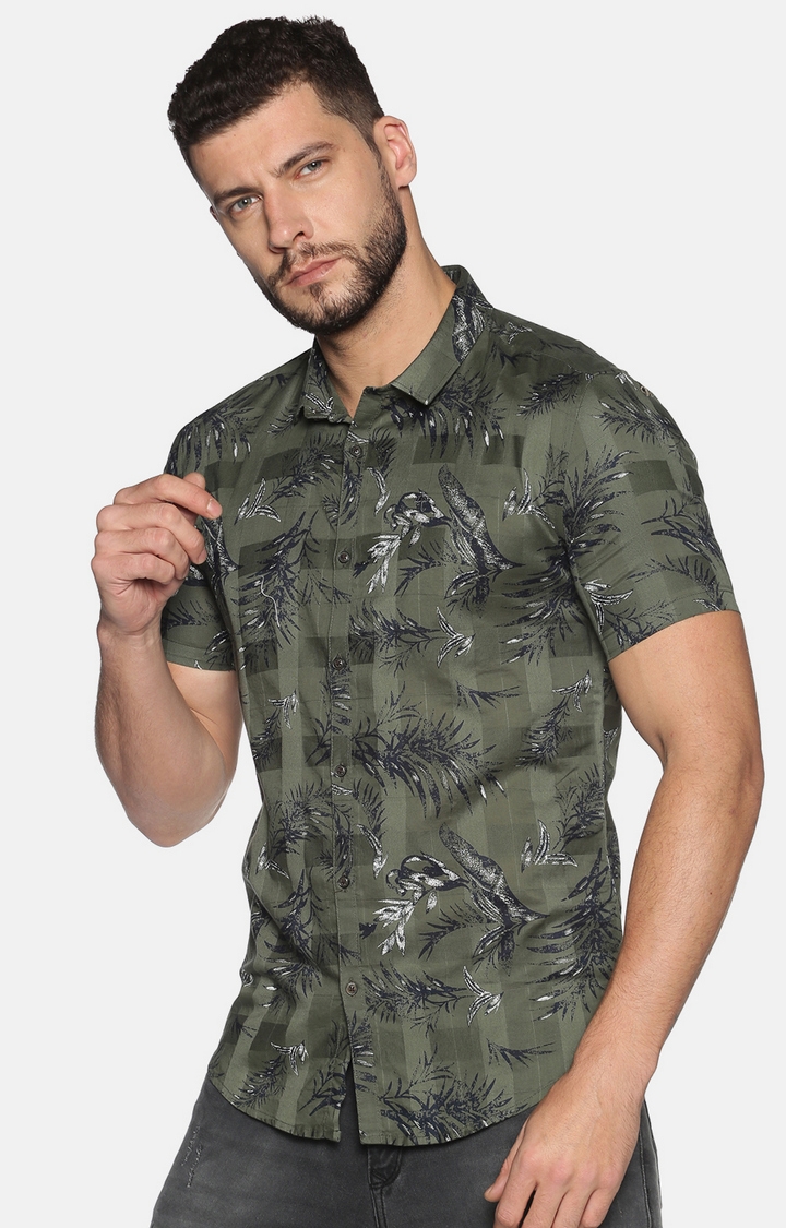 Showoff | Showoff Men's Casual Green Floral Slim Fit Shirt 2