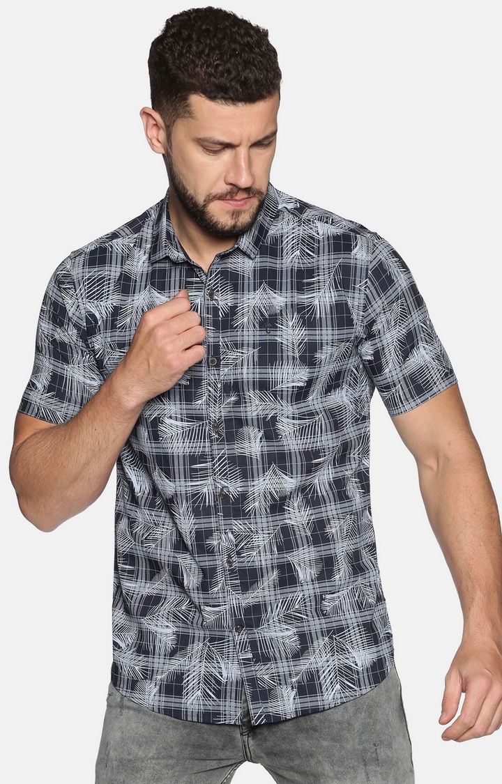 Showoff | Showoff Men's Casual Navy Floral Slim Fit Shirt 0