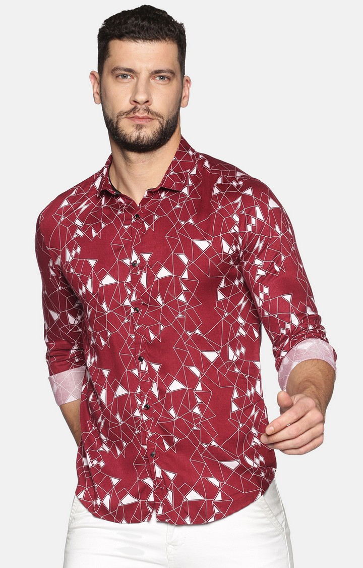 SHOWOFF Men Maroon Printed Classic Collar Full Sleeves Slim Fit Casual Shirt