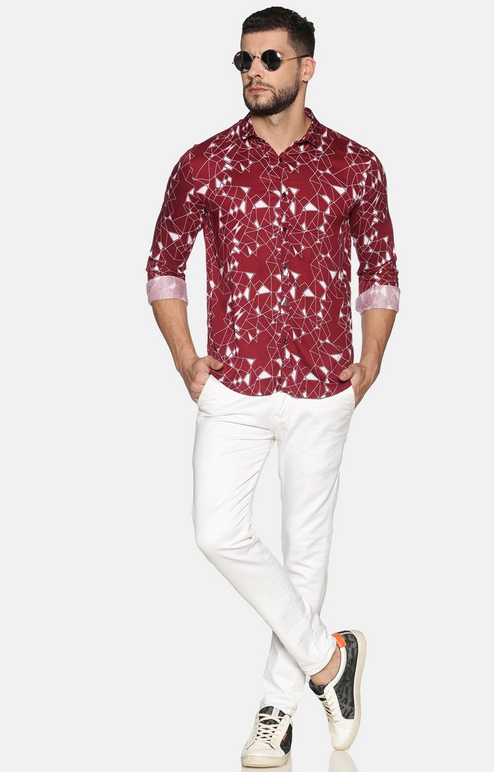 SHOWOFF Men Maroon Printed Classic Collar Full Sleeves Slim Fit Casual Shirt