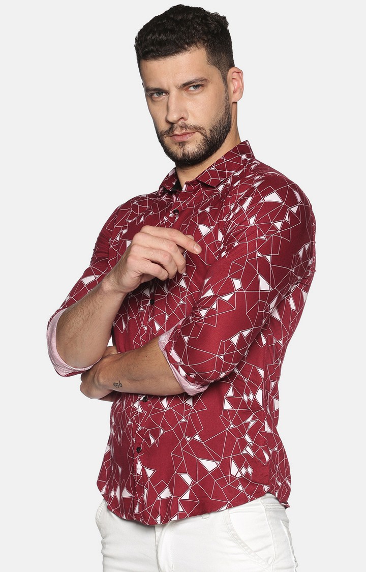 SHOWOFF Men Maroon Printed Classic Collar Full Sleeves Slim Fit Casual Shirt