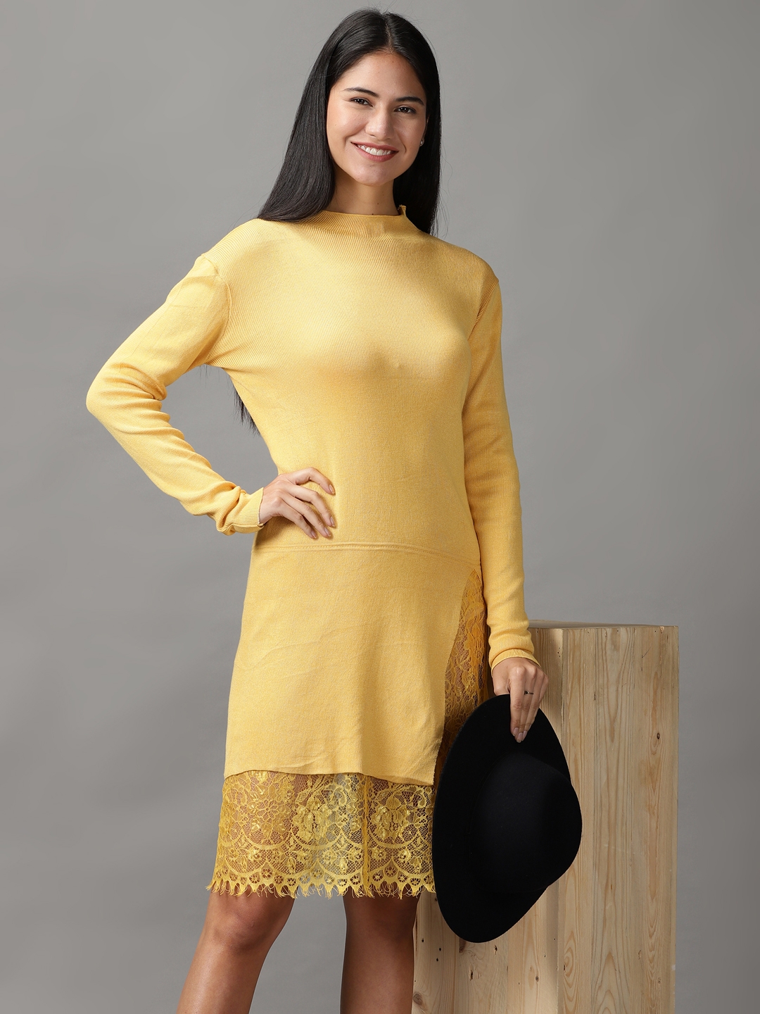 Showoff | SHOWOFF Women Yellow Solid High Neck Full Sleeves Knee length Bodycon Dress 0