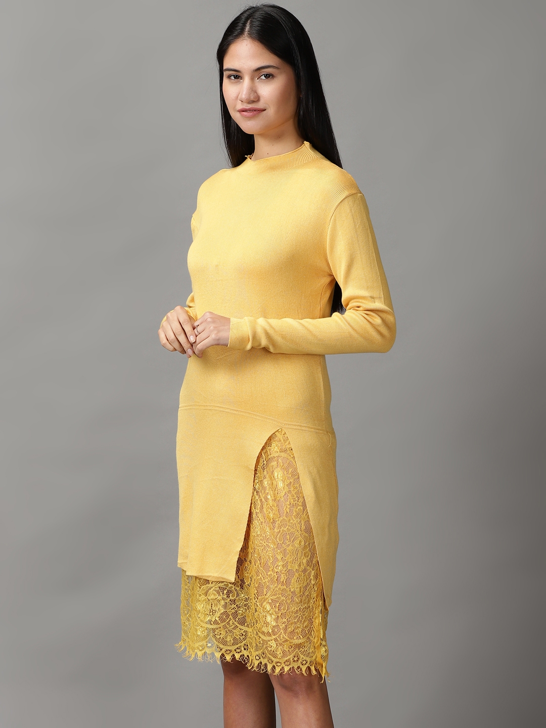 Showoff | SHOWOFF Women Yellow Solid High Neck Full Sleeves Knee length Bodycon Dress 2