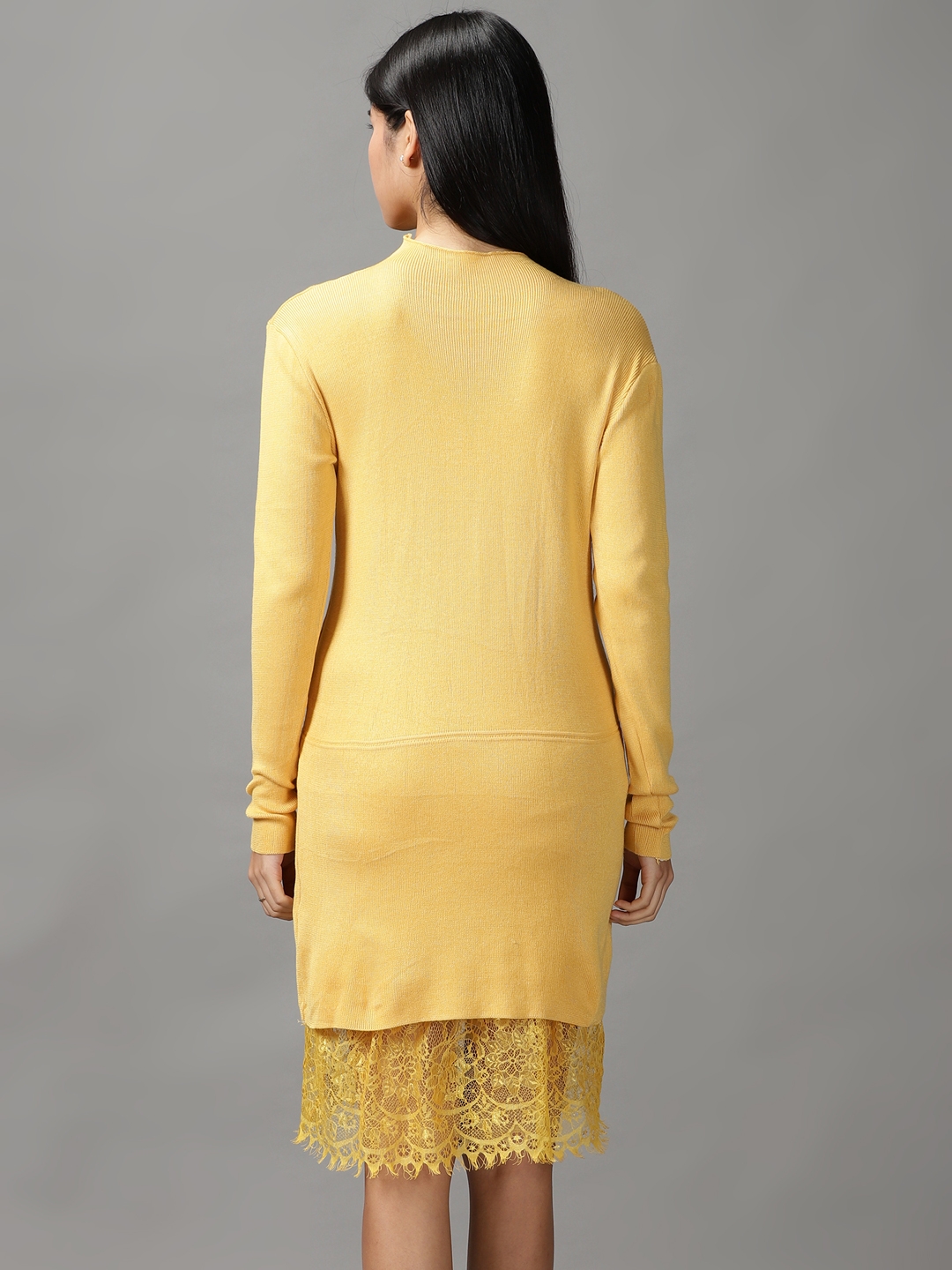 Showoff | SHOWOFF Women Yellow Solid High Neck Full Sleeves Knee length Bodycon Dress 3