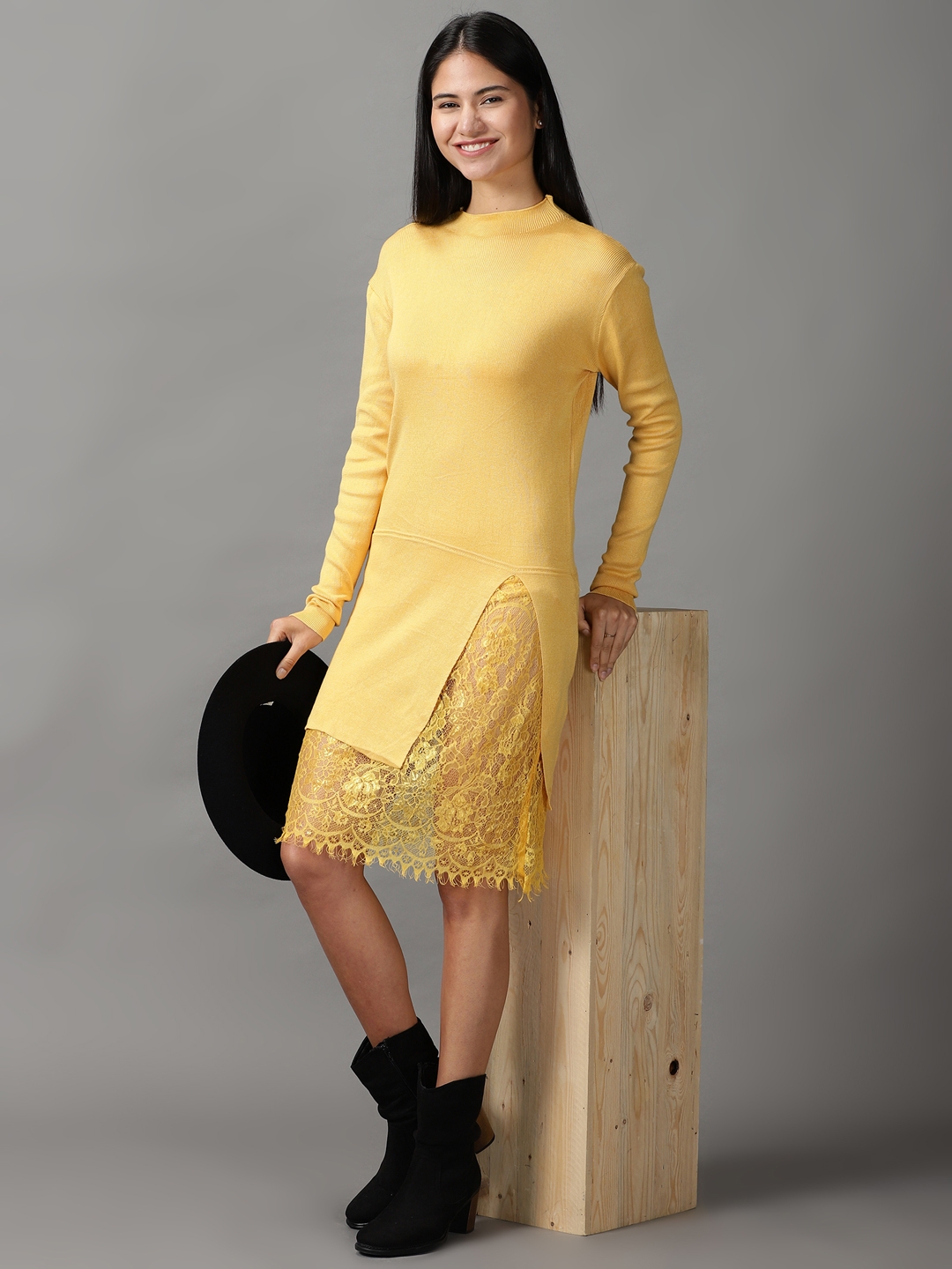 Showoff | SHOWOFF Women Yellow Solid High Neck Full Sleeves Knee length Bodycon Dress 4