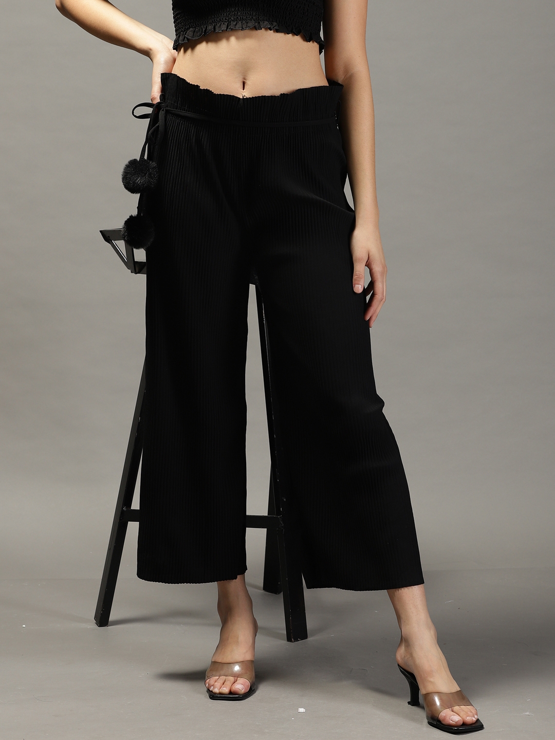 SHOWOFF Black Striped Straight Fit Mid Rise Parallel Trousers
