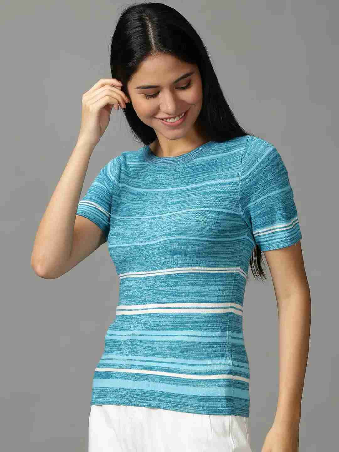 SHOWOFF Women Teal Self Design Round Neck Short Sleeves Regular Top