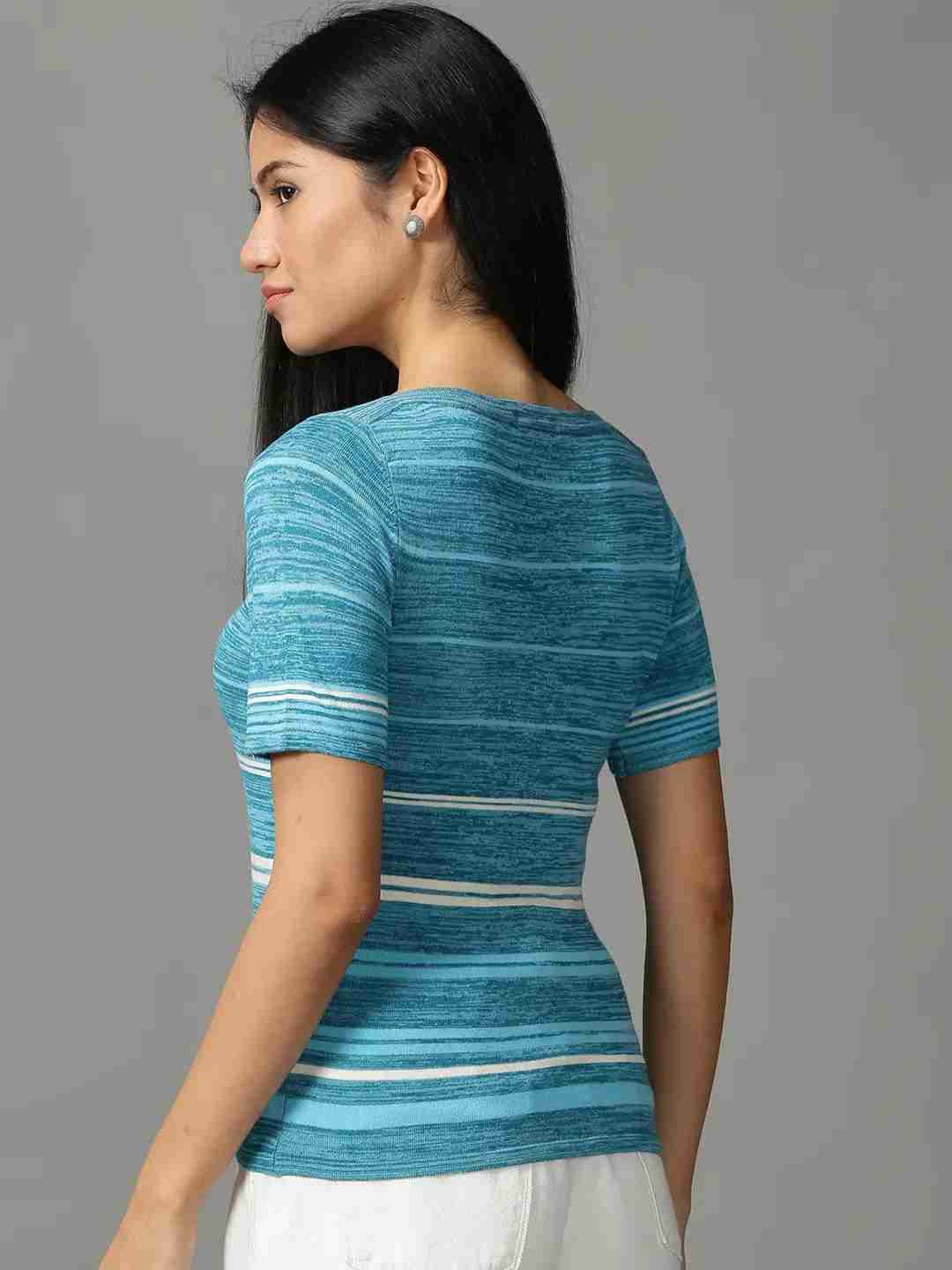 SHOWOFF Women Teal Self Design Round Neck Short Sleeves Regular Top