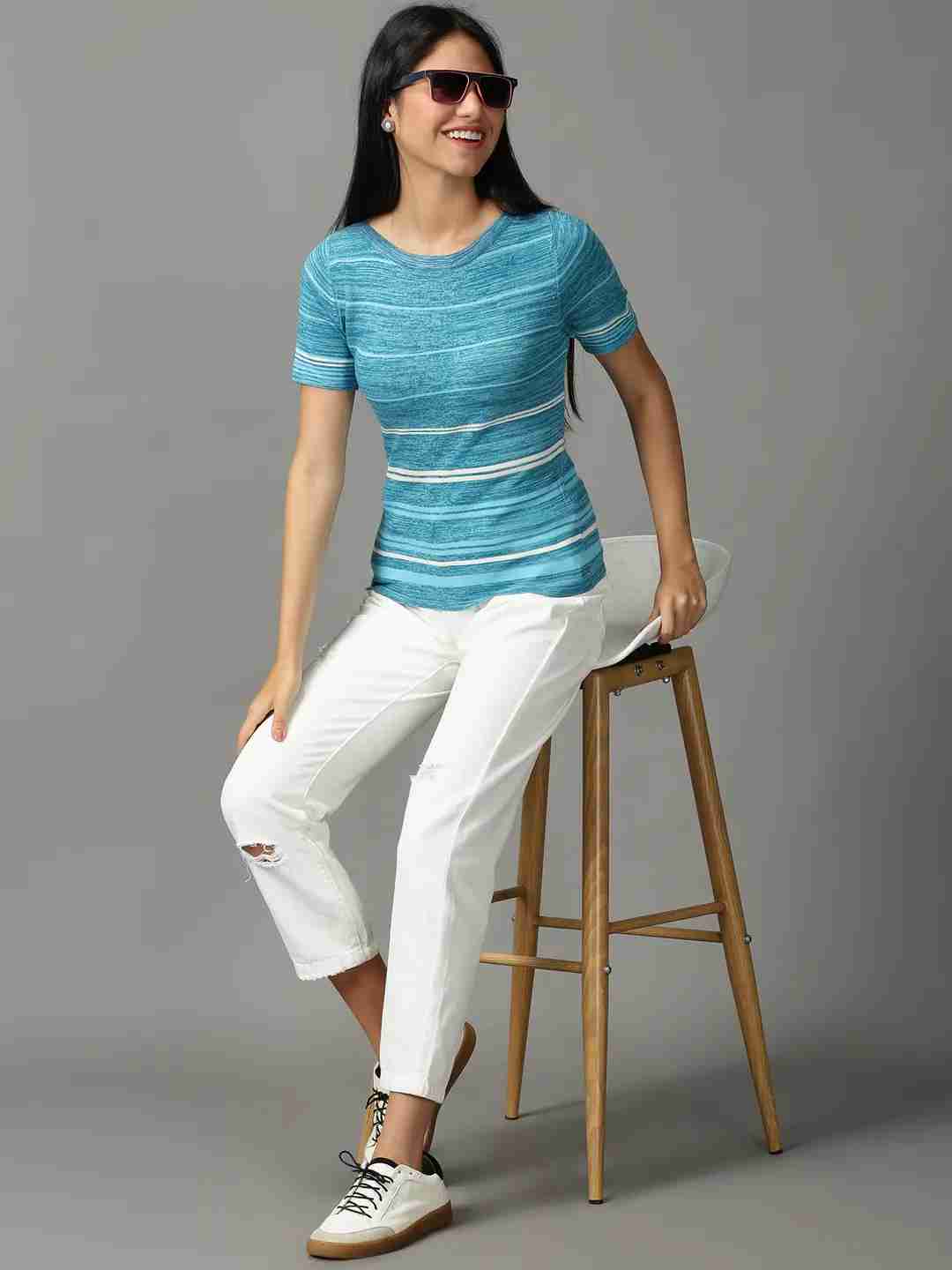 SHOWOFF Women Teal Self Design Round Neck Short Sleeves Regular Top