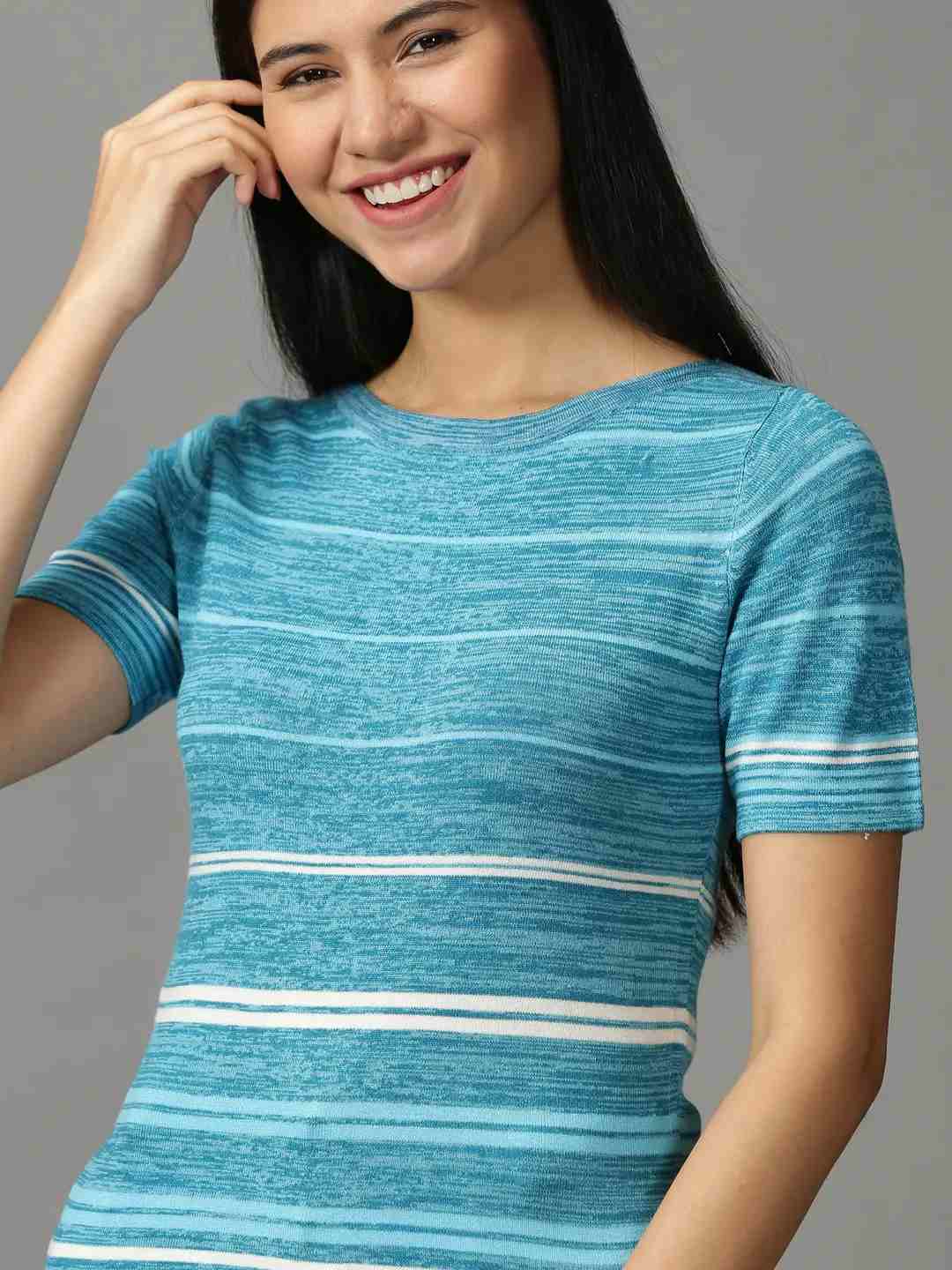 SHOWOFF Women Teal Self Design Round Neck Short Sleeves Regular Top