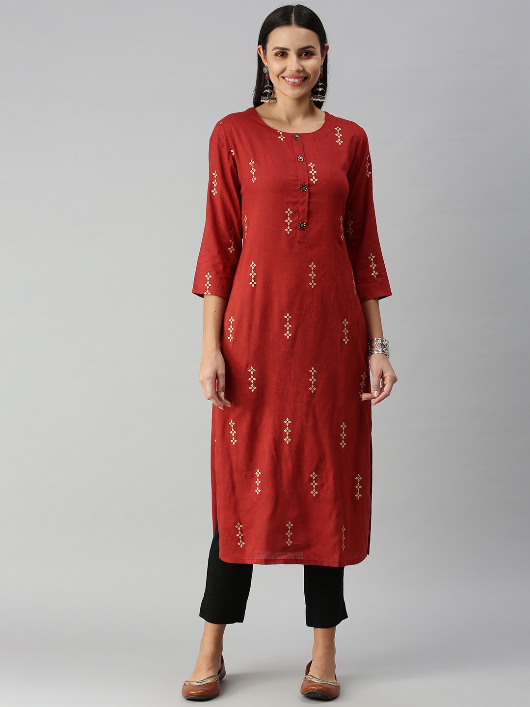 SHOWOFF Women's Round Neck Ethnic Motifs Brown Straight Kurta
