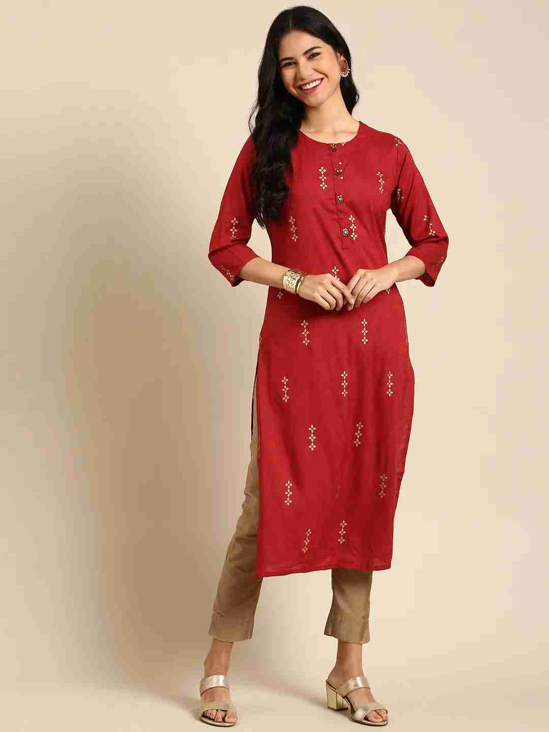 Showoff | SHOWOFF Women Maroon Ethnic Motifs Round Neck Three-Quarter Sleeves Mid Length Straight Kurta 2