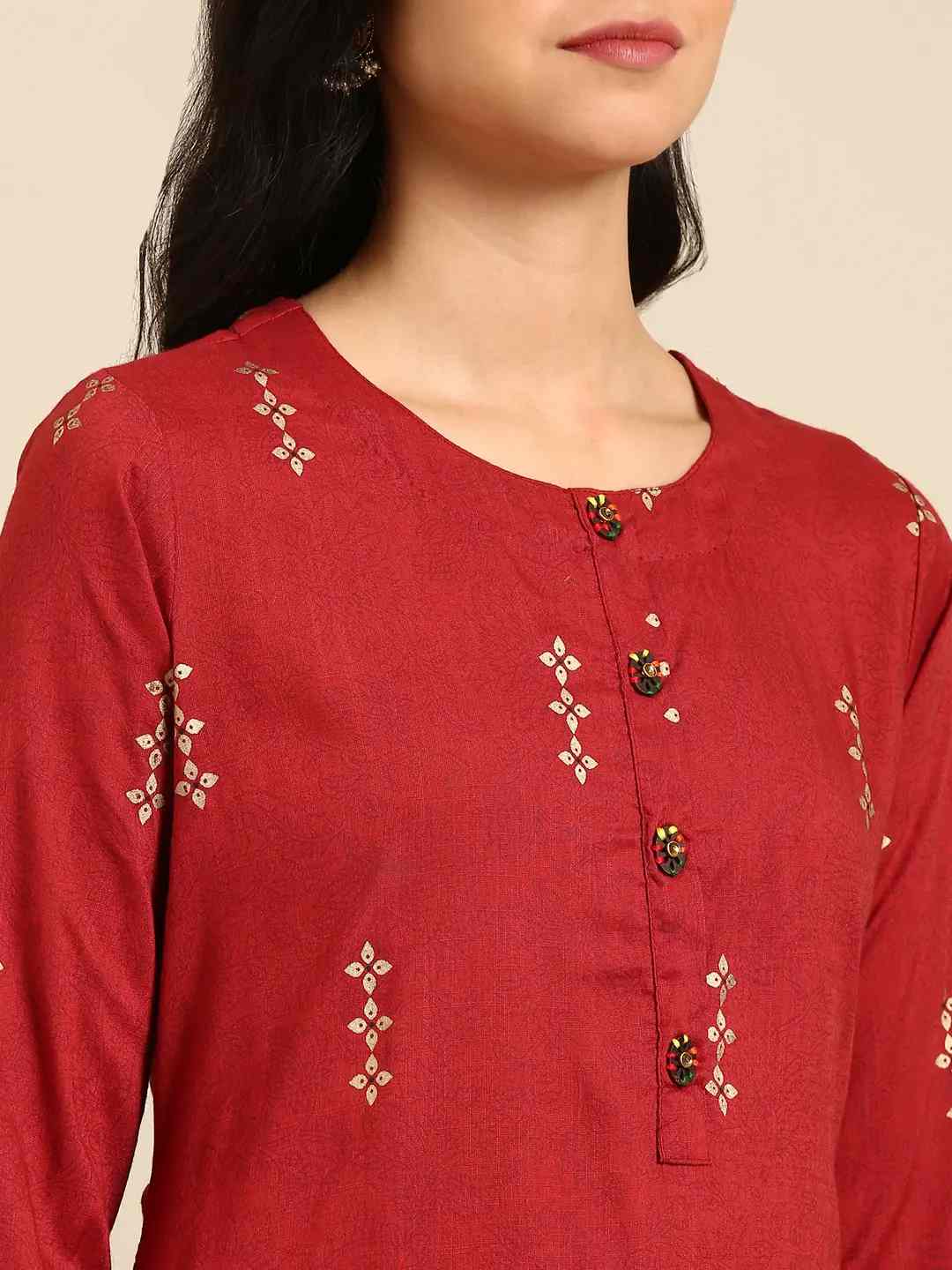 Showoff | SHOWOFF Women Maroon Ethnic Motifs Round Neck Three-Quarter Sleeves Mid Length Straight Kurta 5