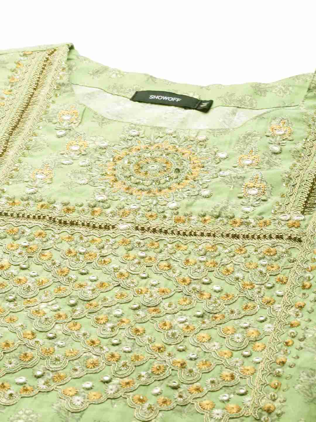SHOWOFF Women Green Ethnic Motifs Round Neck Three-Quarter Sleeves Mid Length Straight Kurta