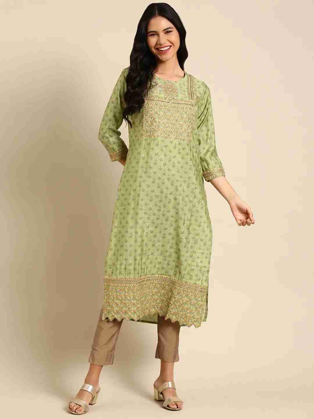 SHOWOFF Women Green Ethnic Motifs Round Neck Three-Quarter Sleeves Mid Length Straight Kurta
