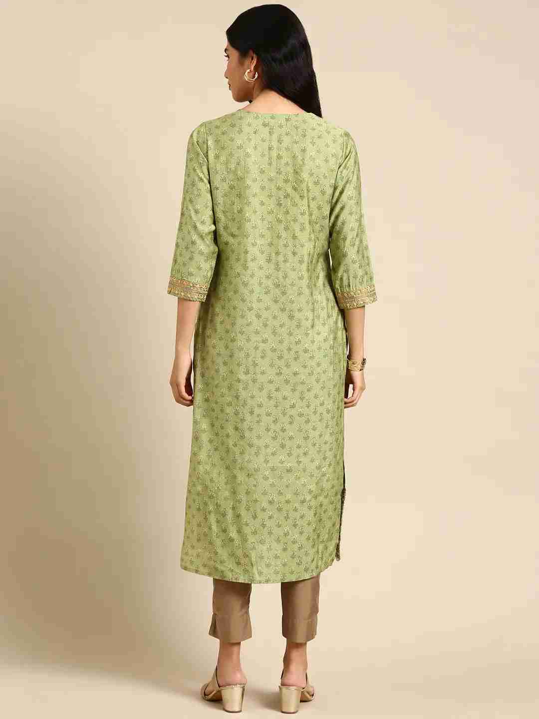 SHOWOFF Women Green Ethnic Motifs Round Neck Three-Quarter Sleeves Mid Length Straight Kurta