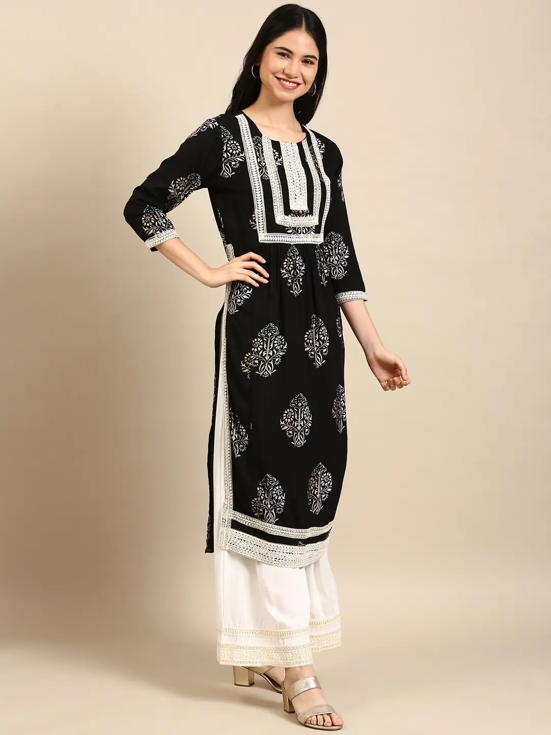 SHOWOFF Women Black Printed Round Neck Three-Quarter Sleeves Mid Length Straight Kurta Set