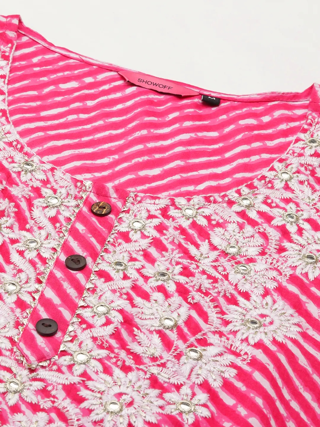 Showoff | SHOWOFF Women Pink Dyed Round Neck Three-Quarter Sleeves Mid Length Straight Kurta Set 1
