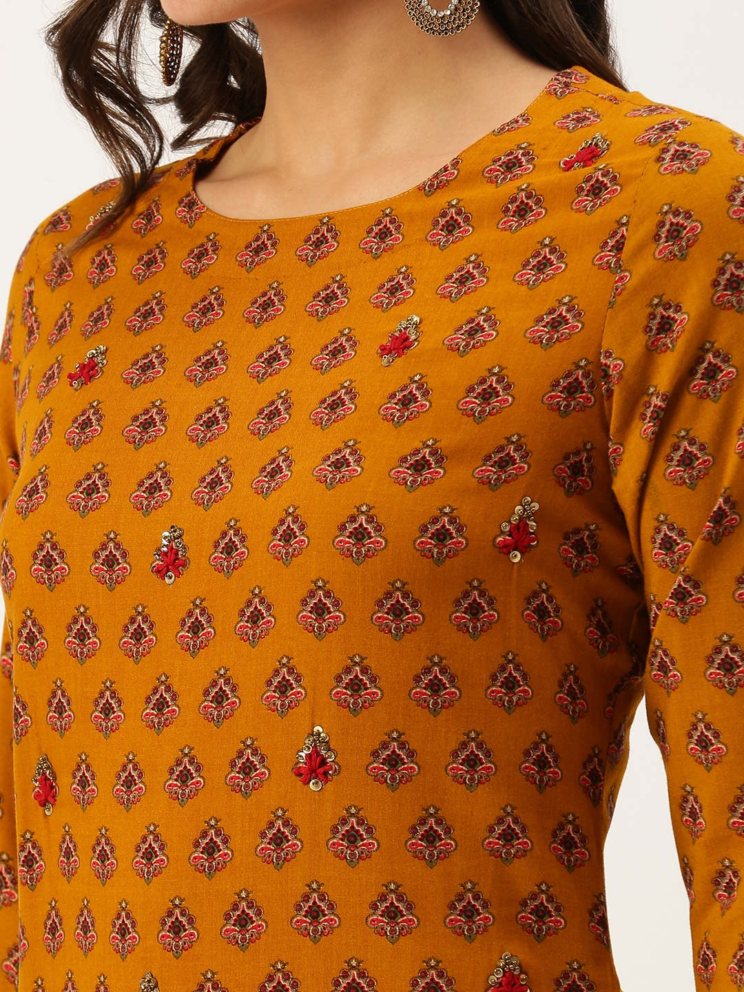 Showoff | SHOWOFF Women Mustard Ethnic Motifs Round Neck Three-Quarter Sleeves Mid Length Straight Kurta 5