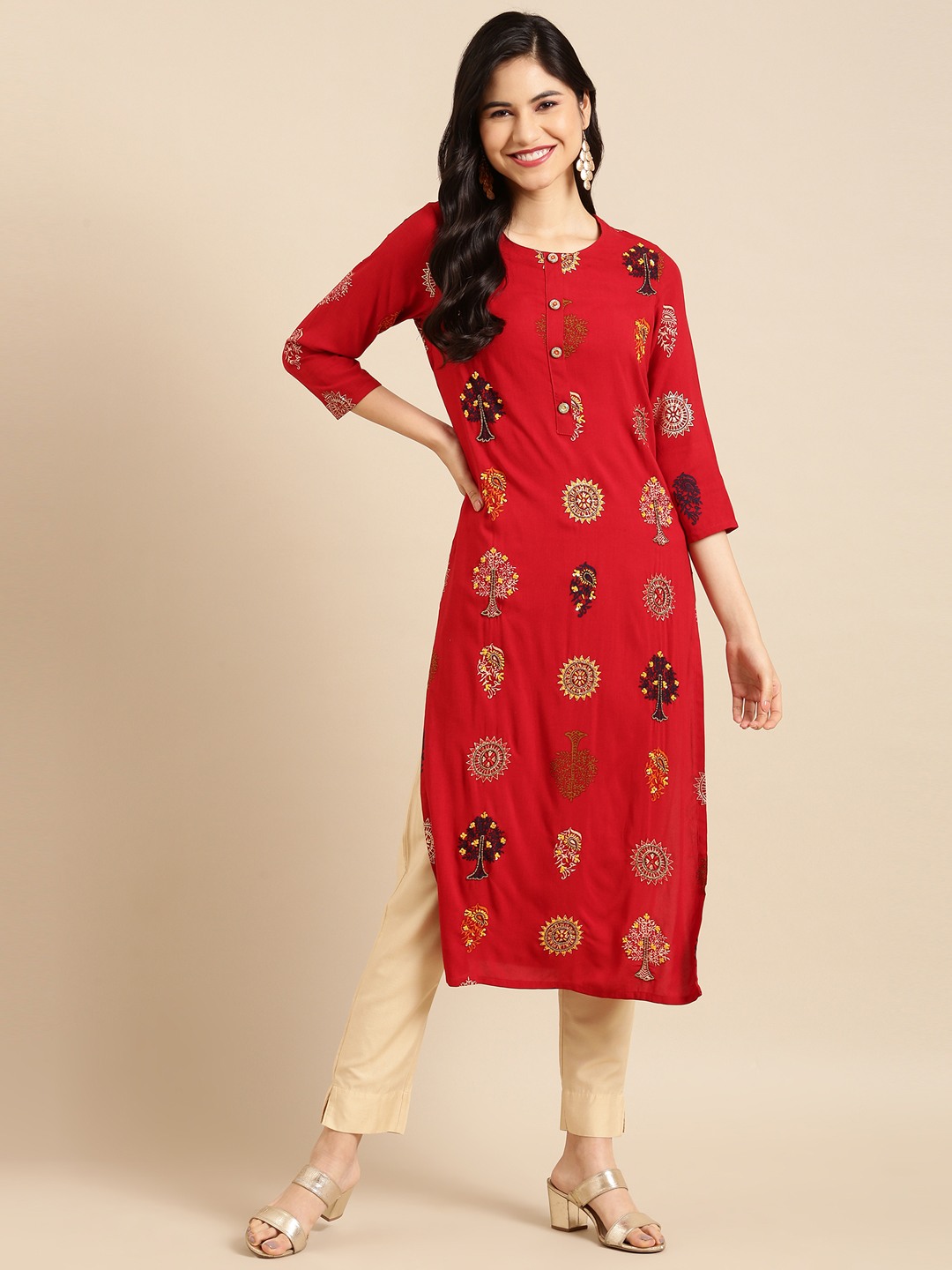 SHOWOFF Women Red Ethnic Motifs Round Neck Three-Quarter Sleeves Mid Length Straight Kurta