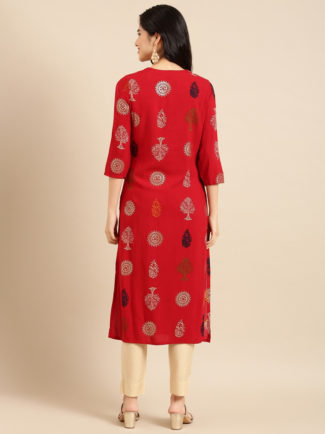 SHOWOFF Women Red Ethnic Motifs Round Neck Three-Quarter Sleeves Mid Length Straight Kurta
