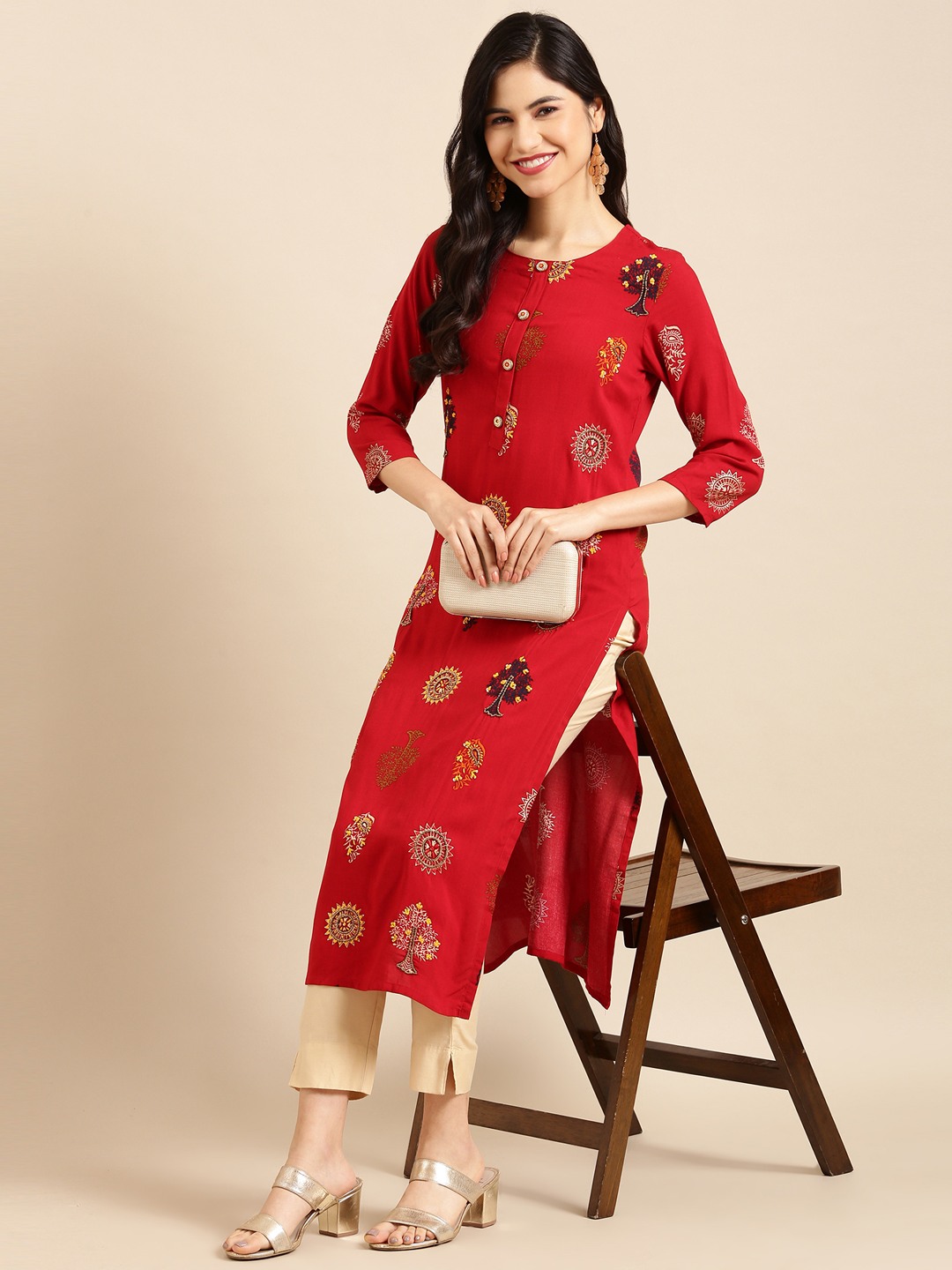 SHOWOFF Women Red Ethnic Motifs Round Neck Three-Quarter Sleeves Mid Length Straight Kurta