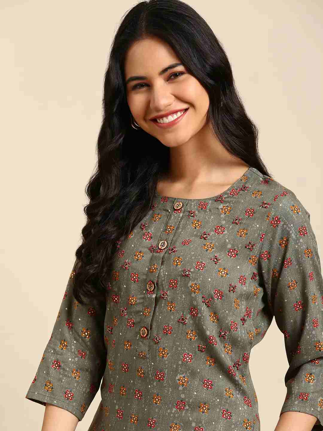 SHOWOFF Women Grey Ethnic Motifs Round Neck Three-Quarter Sleeves Mid Length Straight Kurta
